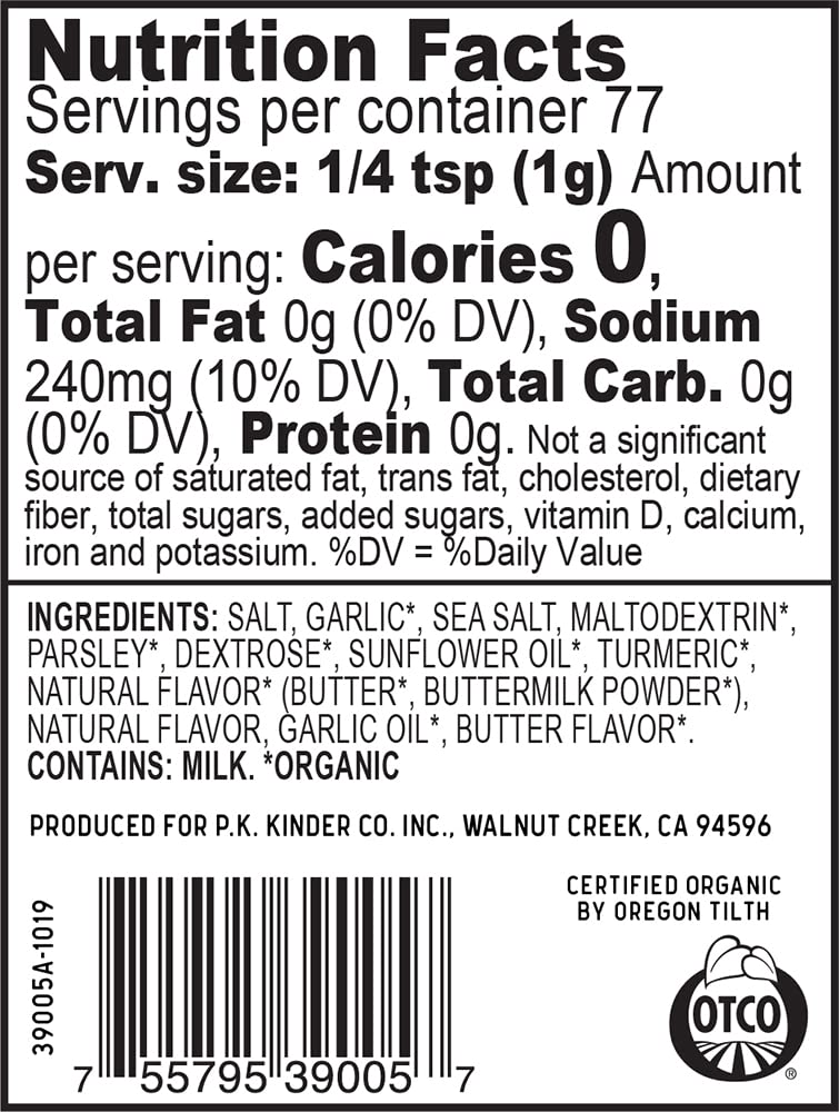 Kinder's Organic Buttery Garlic Salt, Premium Quality Seasoning, MSG Free and USDA Certified Organic, 2.75 oz