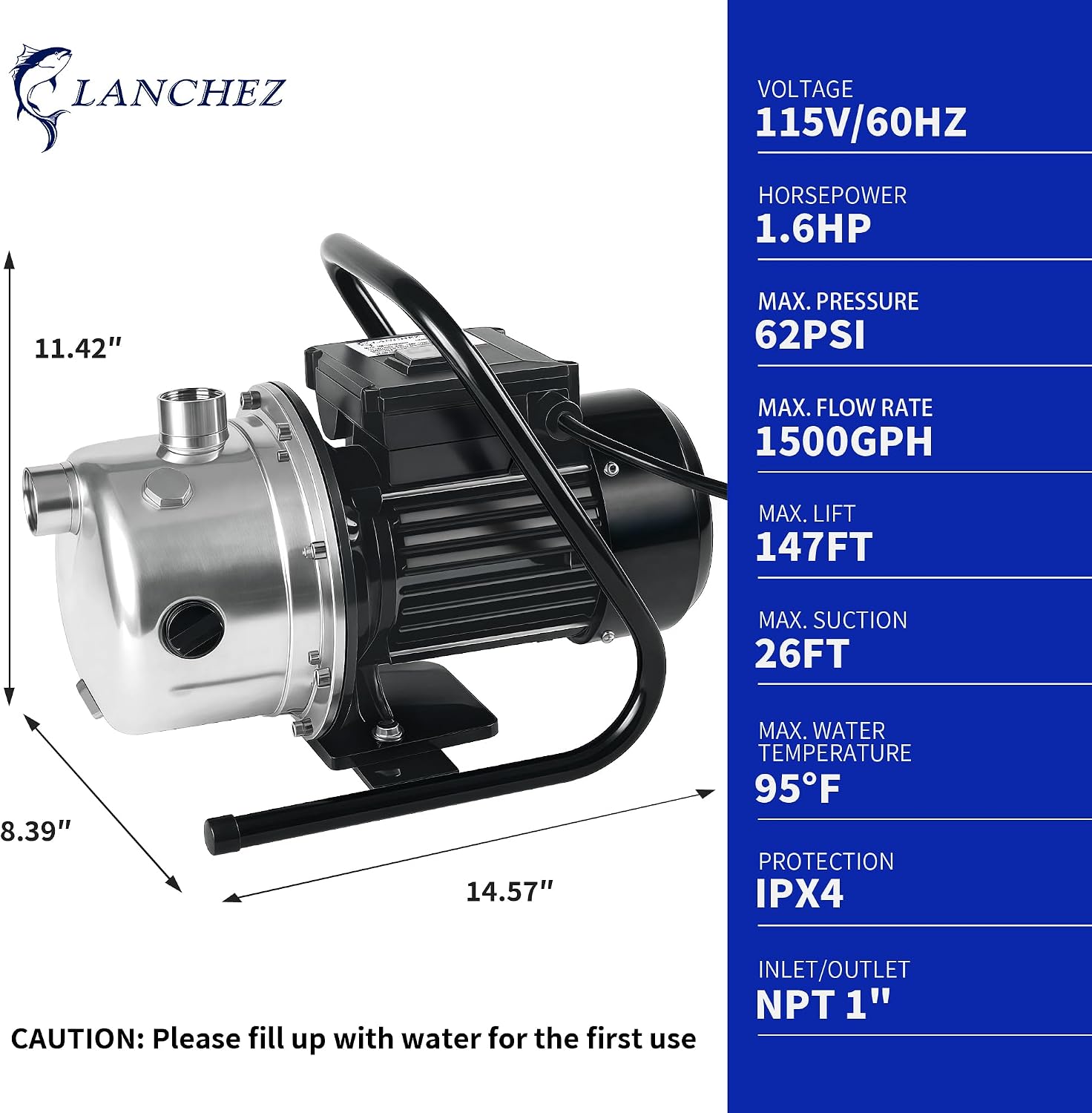 LANCHEZ 1.6 HP Shallow Well Pump, 1500 GPH Stainless Steel Water Transfer Pump, 115V Garden Irrigation Pump