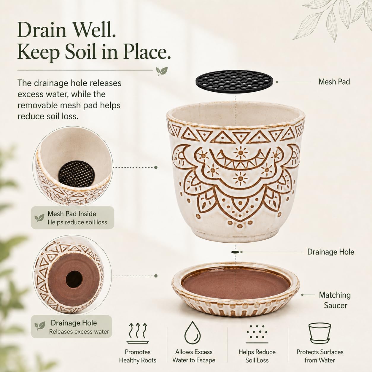 Gepege Ceramic Plant Pots, 6 Inch Indoor Planters with Drainage & Saucers