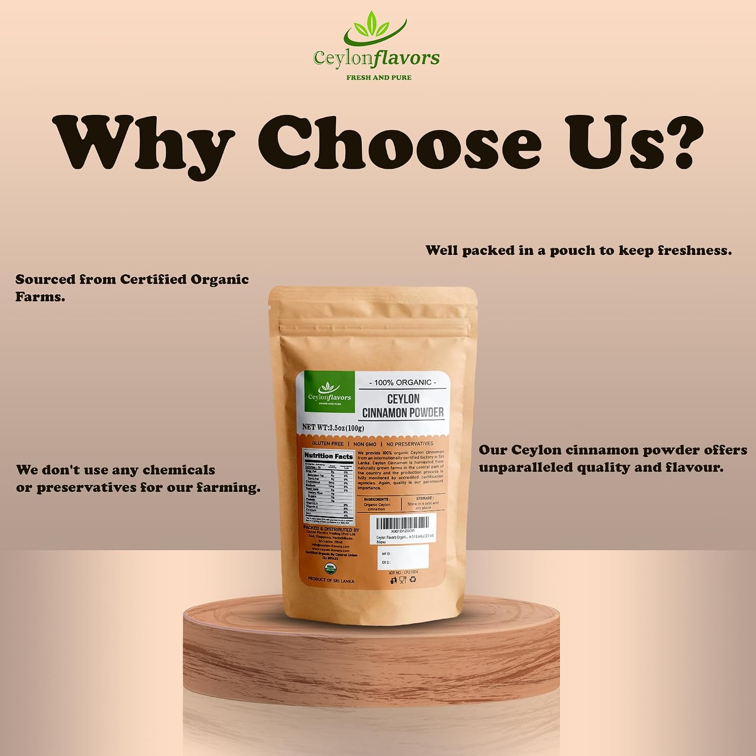 Ceylon Flavors Organic Ceylon Cinnamon Powder, Premium Special Grade, Non GMO, Harvested from a USDA Certified Organic Farm in Sri Lanka (3.5 oz)