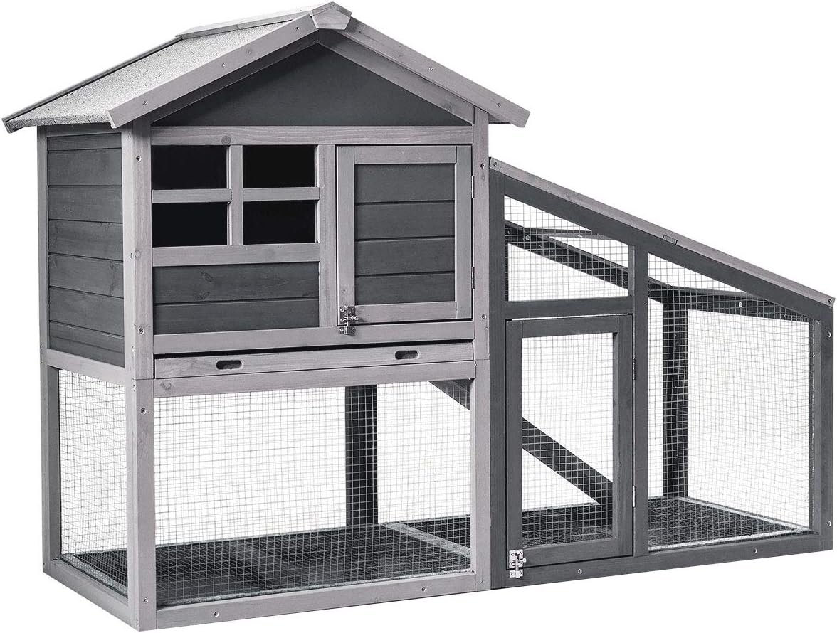 Tangkula Rabbit Hutch Indoor Outdoor, Wooden Chicken Coop, Bunny Hutch with Run, Ventilation Door, Removable Tray, Ramp, Sunlight Panel
