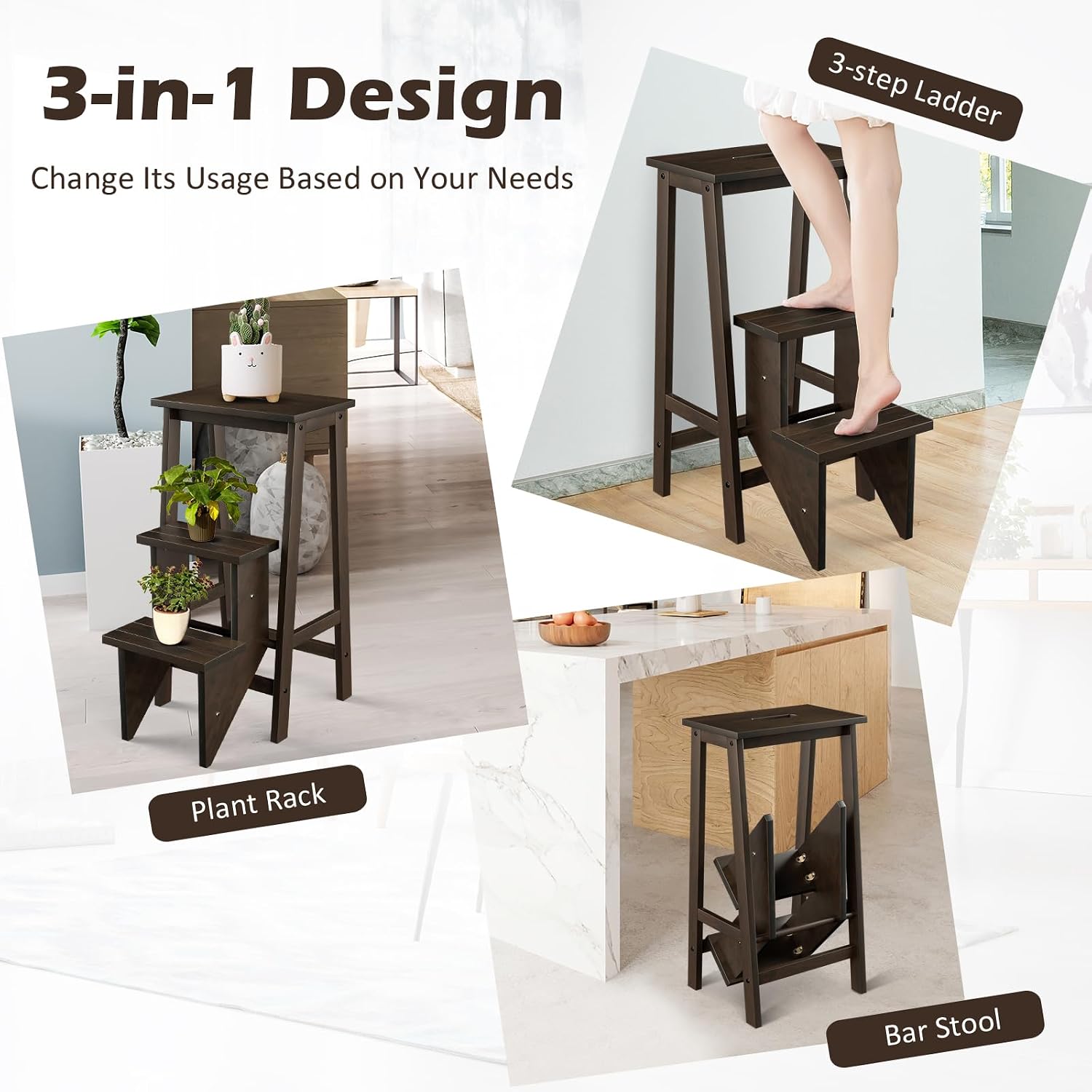 Costzon Folding 3 Step Stool, 3 in 1 Wooden Step Ladder with Handle, Non-Slip Pedal, Multifunctional Storage Shelf, Flower Rack for Kitchen, Library, Garage, Foldable Step Stool for Adults Kids