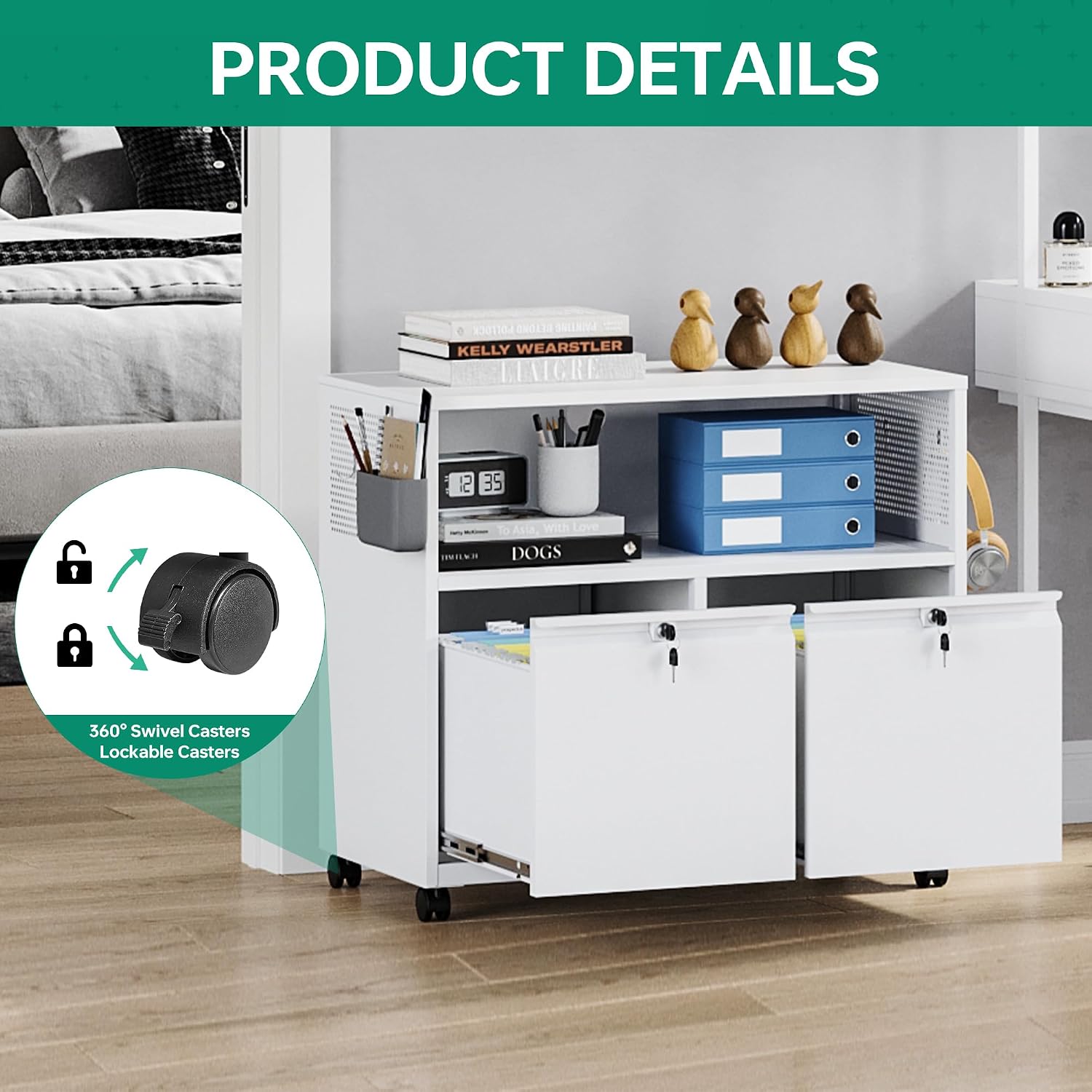 Mobile 3 Drawer File Cabinet with Lock-Metal Lateral Rolling Printer Stand Filing Cabinets for Home Office-Storage A4/F4/Letter (White)