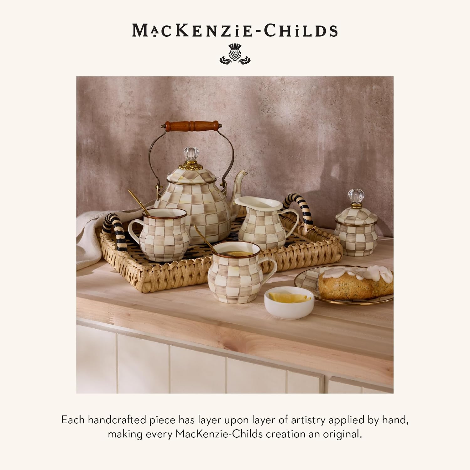MACKENZIE-CHILDS Enamel Tumbler, Black-and-White Courtly Check | Hand-painted design, elegant drinkware with gold rim, 2.75" dia. x 4.5" H, 10-ounce capacity