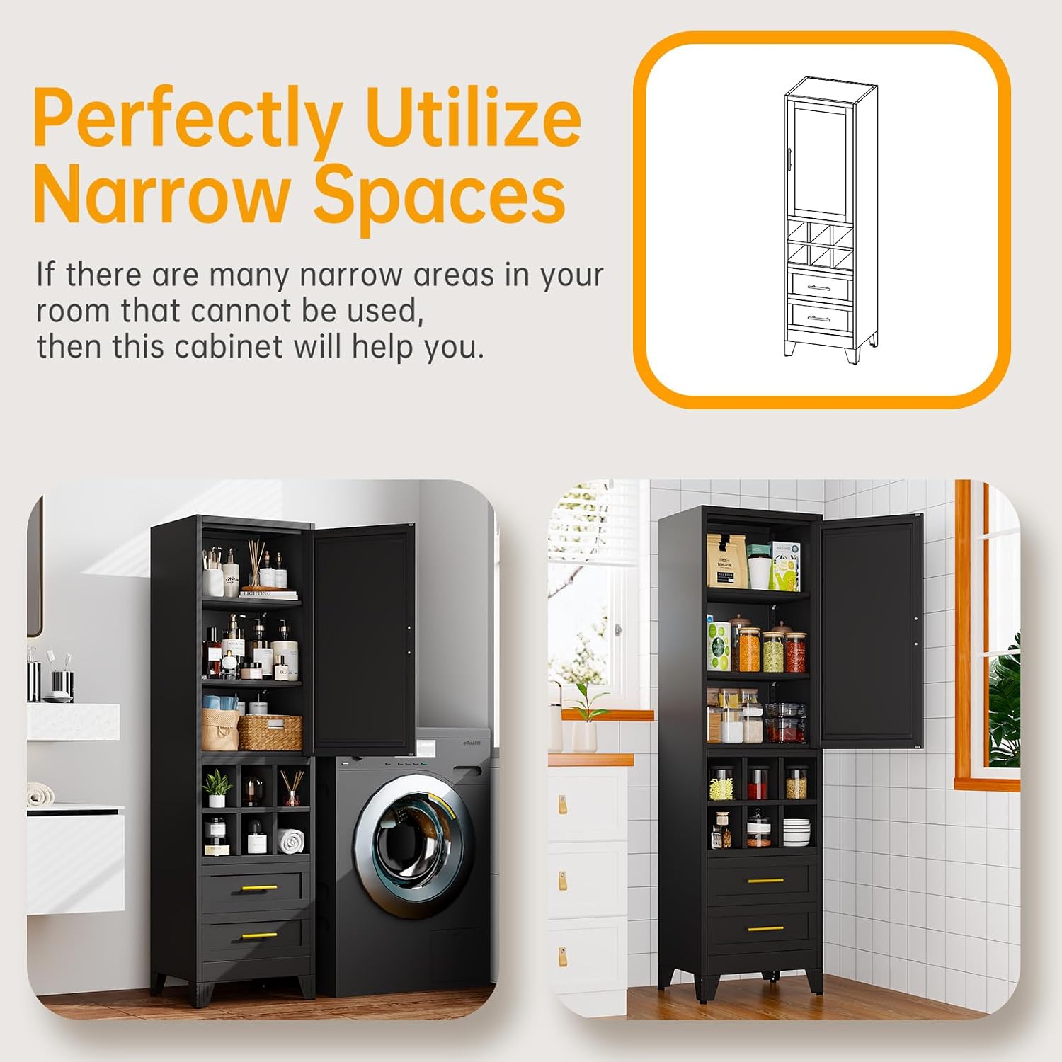 Ckzbx Tall Narrow Storage Cabinet 66.93" H Tall Bathroom Cabinet Metal Pantry Cabinets, 4 Adjustable Shelves for Kitchen, Home Office, Living Room, Dinning Room (20 inches Wide White)
