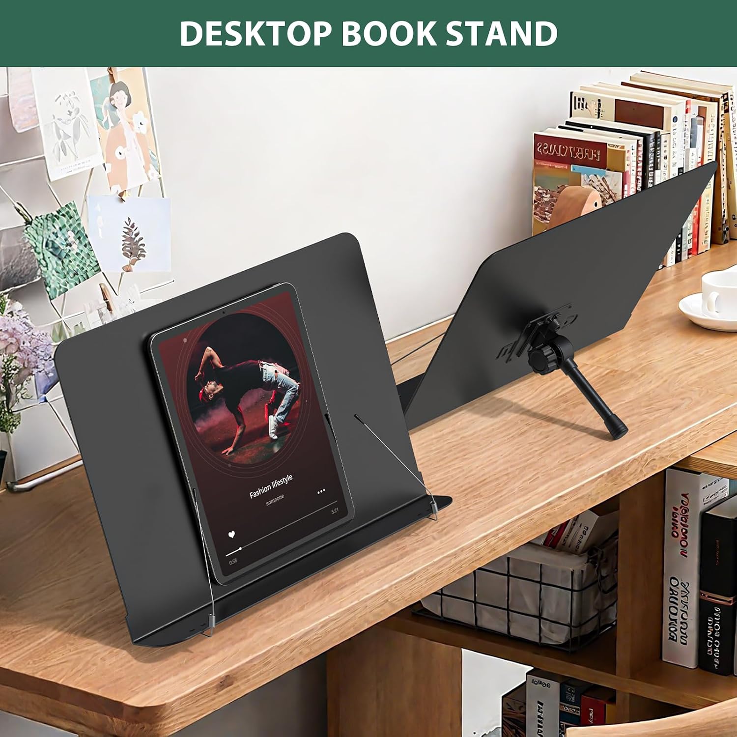 Sheet Music Stand - Full Metal with Carrying Bag, Phone Holder, Sheet Music Folder and Clip, 5 in 1 Desktop Book Stand - Black