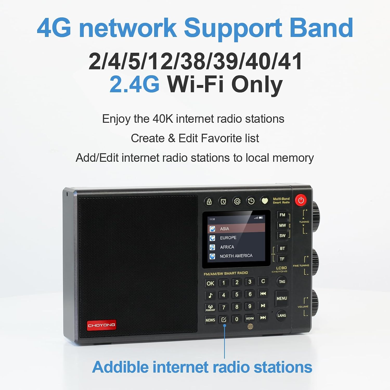 CHOYONG LC90 Smart Internet Radio | AM/FM, Longwave & Shortwave Multi-Band, SSB Single Side Band Reception, WiFi/4G, Bluetooth, TF Card