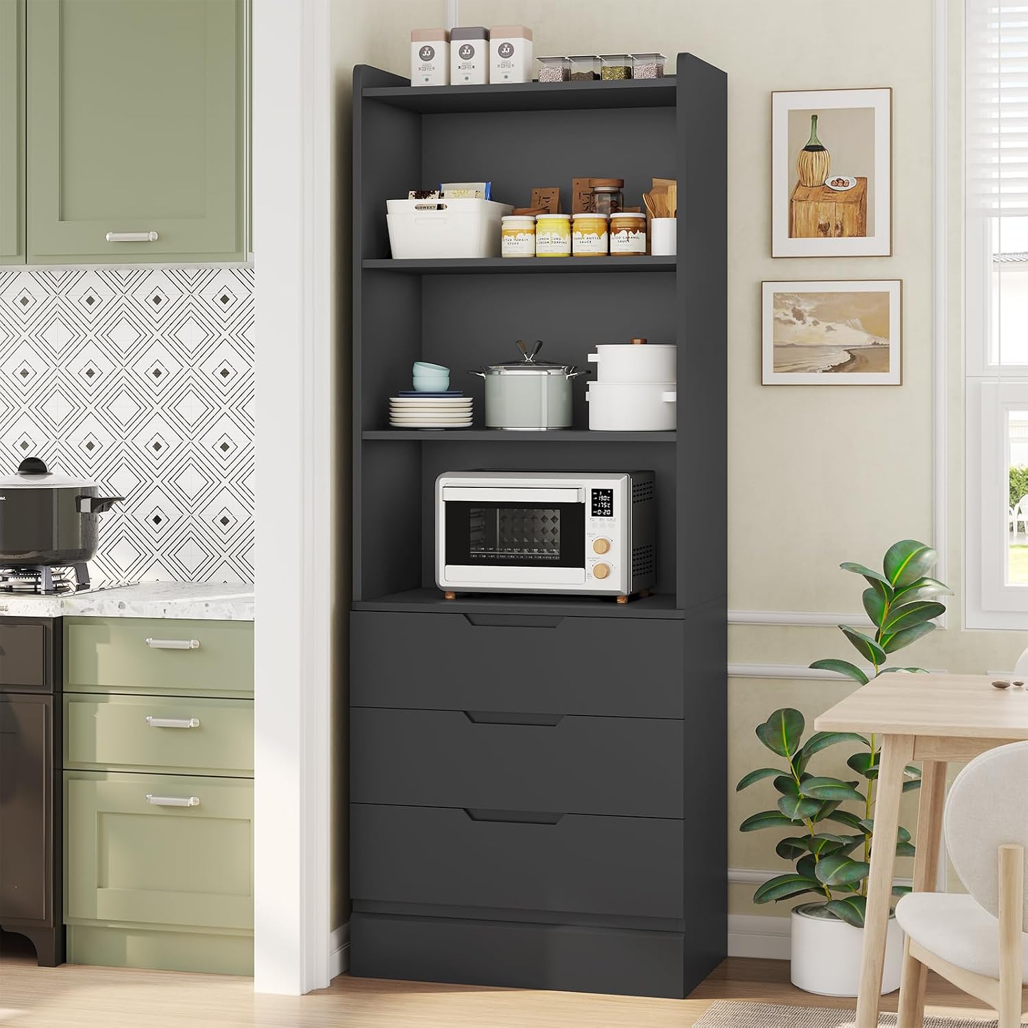 DICTAC 73.23'' Tall Storage Cabinet Bookcase with 3 Drawers and 3-Tier Open Shelves Wooden Bookshelf Kitchen Pantry Storage Organizer Cabinets for Living Room, Study, Kitchen,Bathroom,White