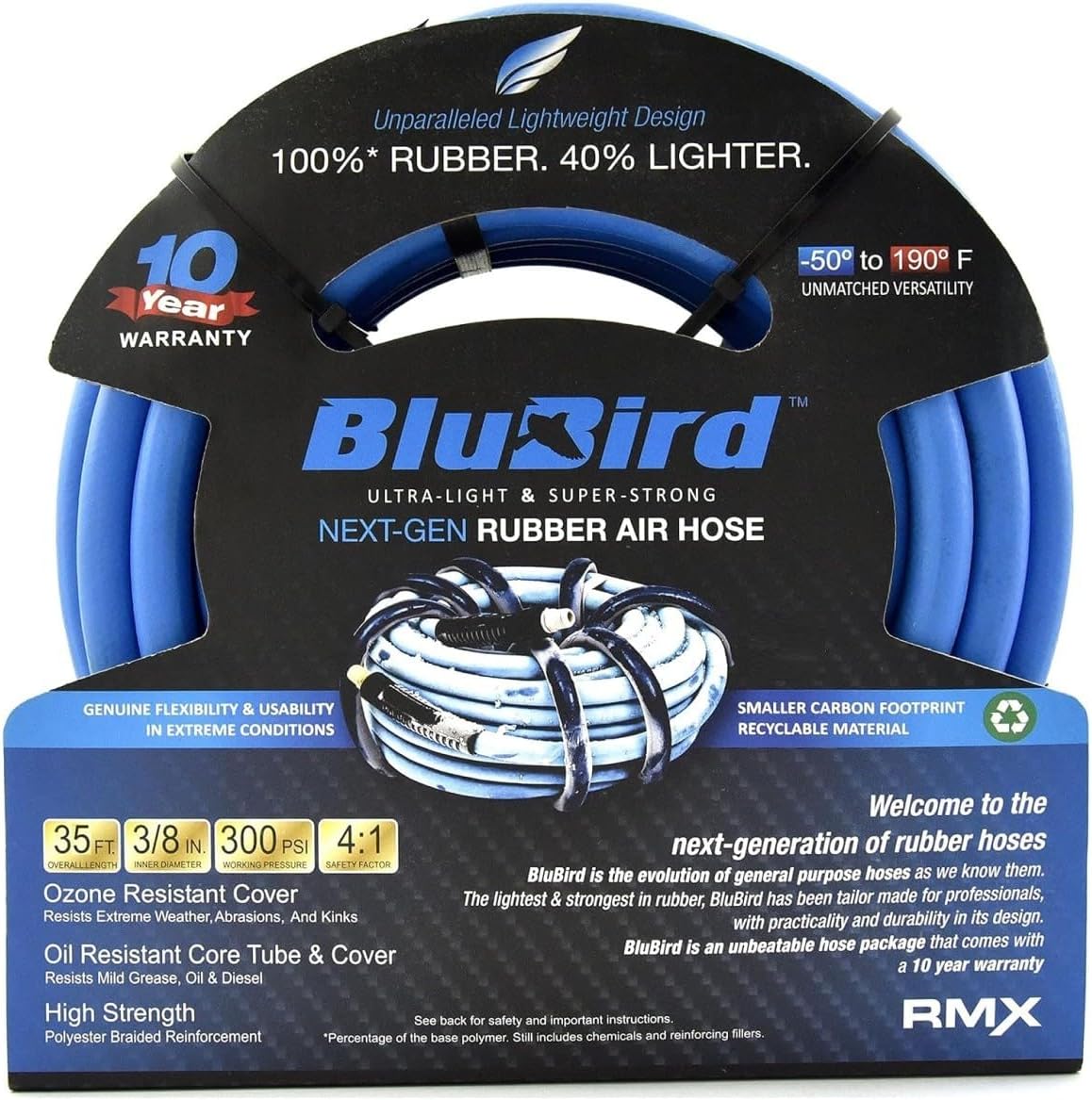 BLUBIRD BB3850 3/8" x 50' Rubber Air Hose, 100% Rubber, Lightest, Strongest, Most Flexible, 300 PSI, 50F to 190F Degrees, Ozone Resistant, High Strength Polyester Braided | High-Performance Pneumatic Hose for Automotive Construction & Industrial, Durable…