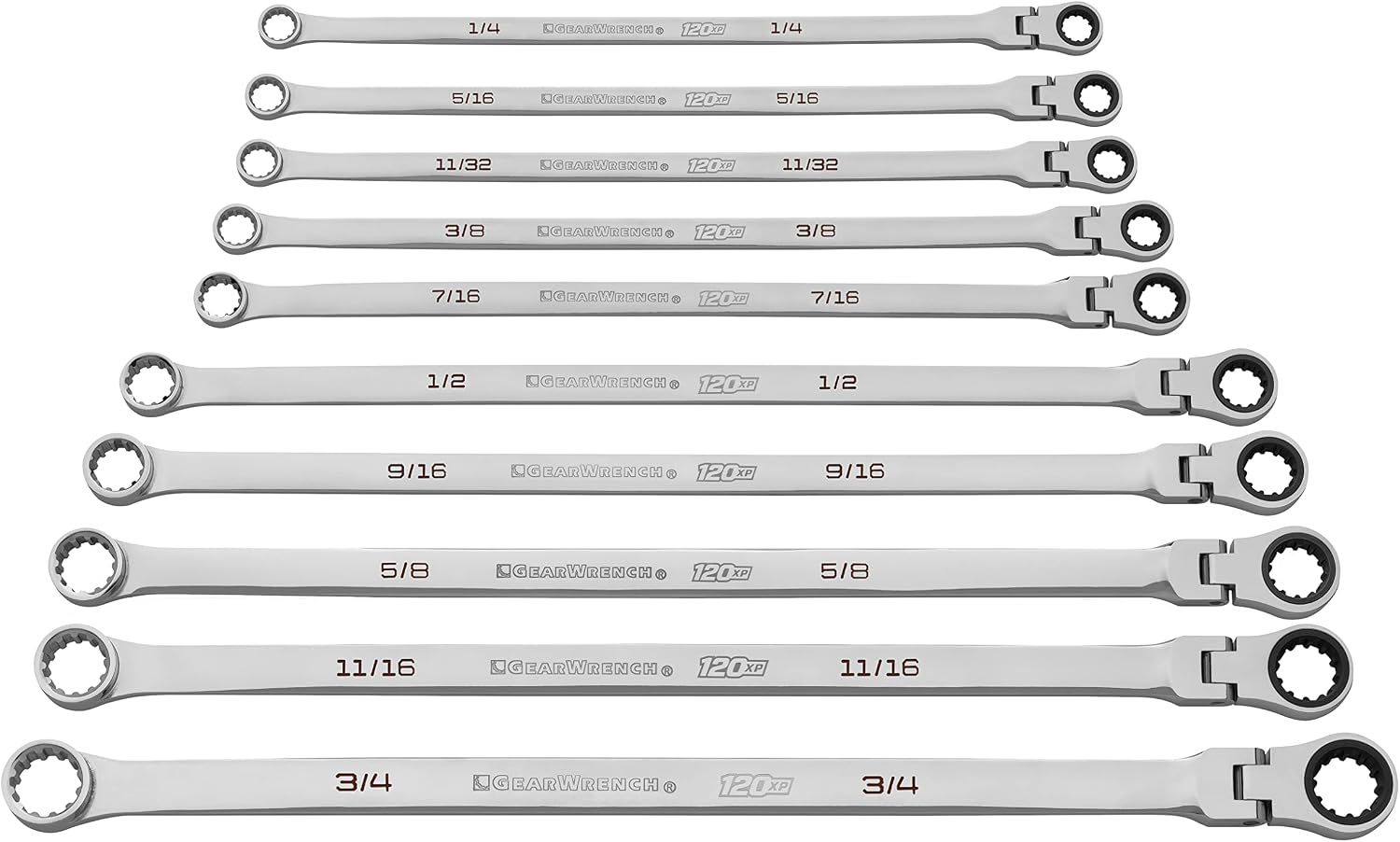 GEARWRENCH 10 Pc. 120XP Universal Spline XL Flex Head Gearbox Ratcheting SAE Wrench Set - 86142