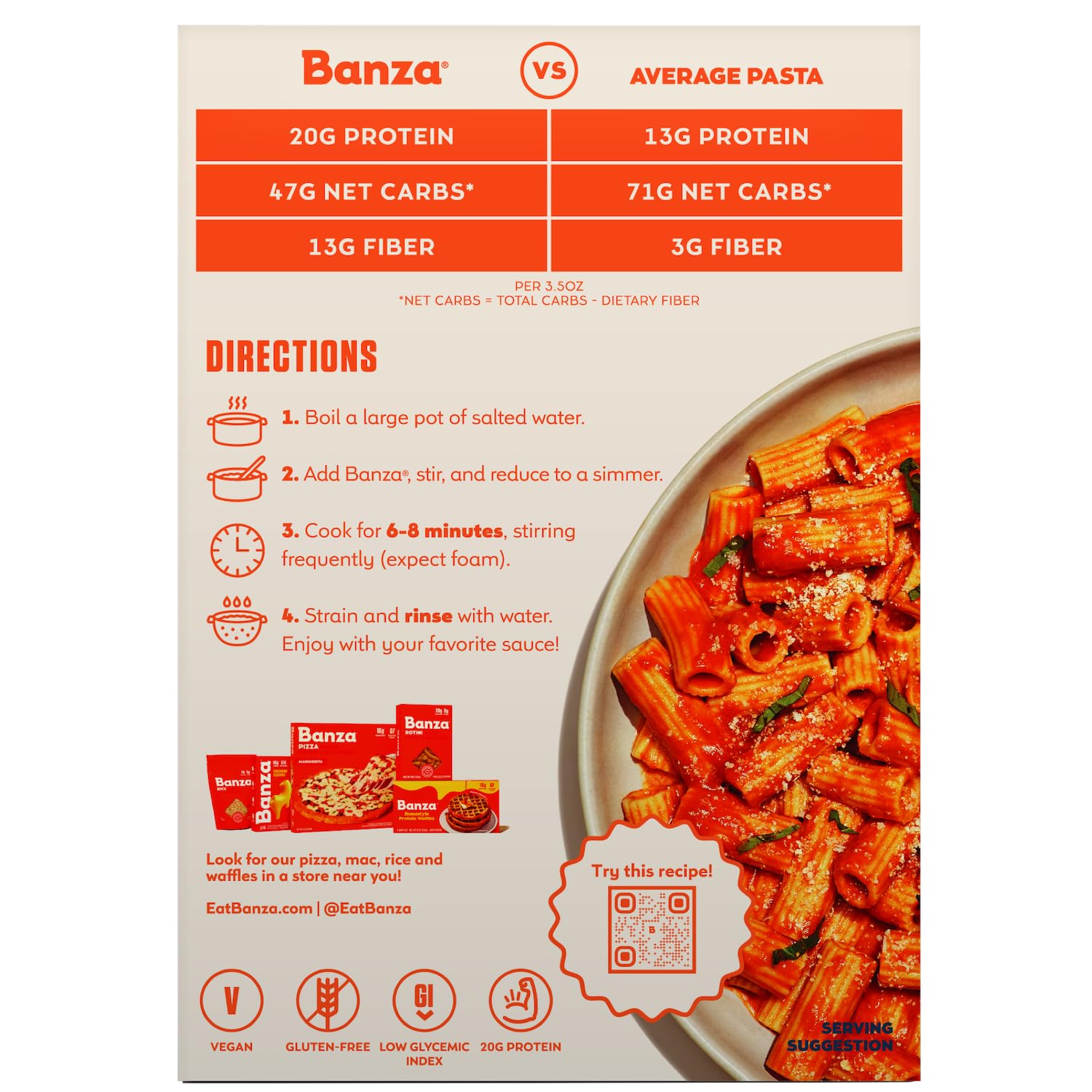 Banza Cavatappi Pasta from Chickpeas - Gluten Free, High Protein, and Lower Carb Protein Cavatappi Chickpea Pasta - 8oz | High Protein Pasta with 20g per Serving - No-Compromises Taste & Texture - Gluten Free and Lower Carb