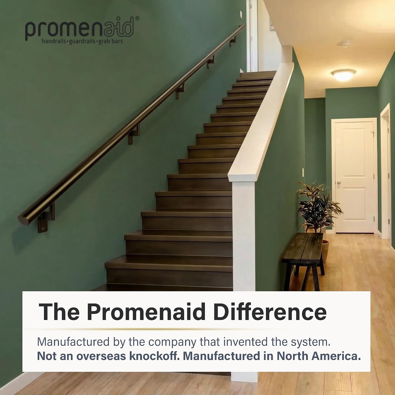 Promenaid Silver 3ft Flush Handrail Kit - Complete Indoor/Outdoor Stair Handrail - Modern 1.6" Round Satin-Anodized Aluminum Railing with 2 Silver