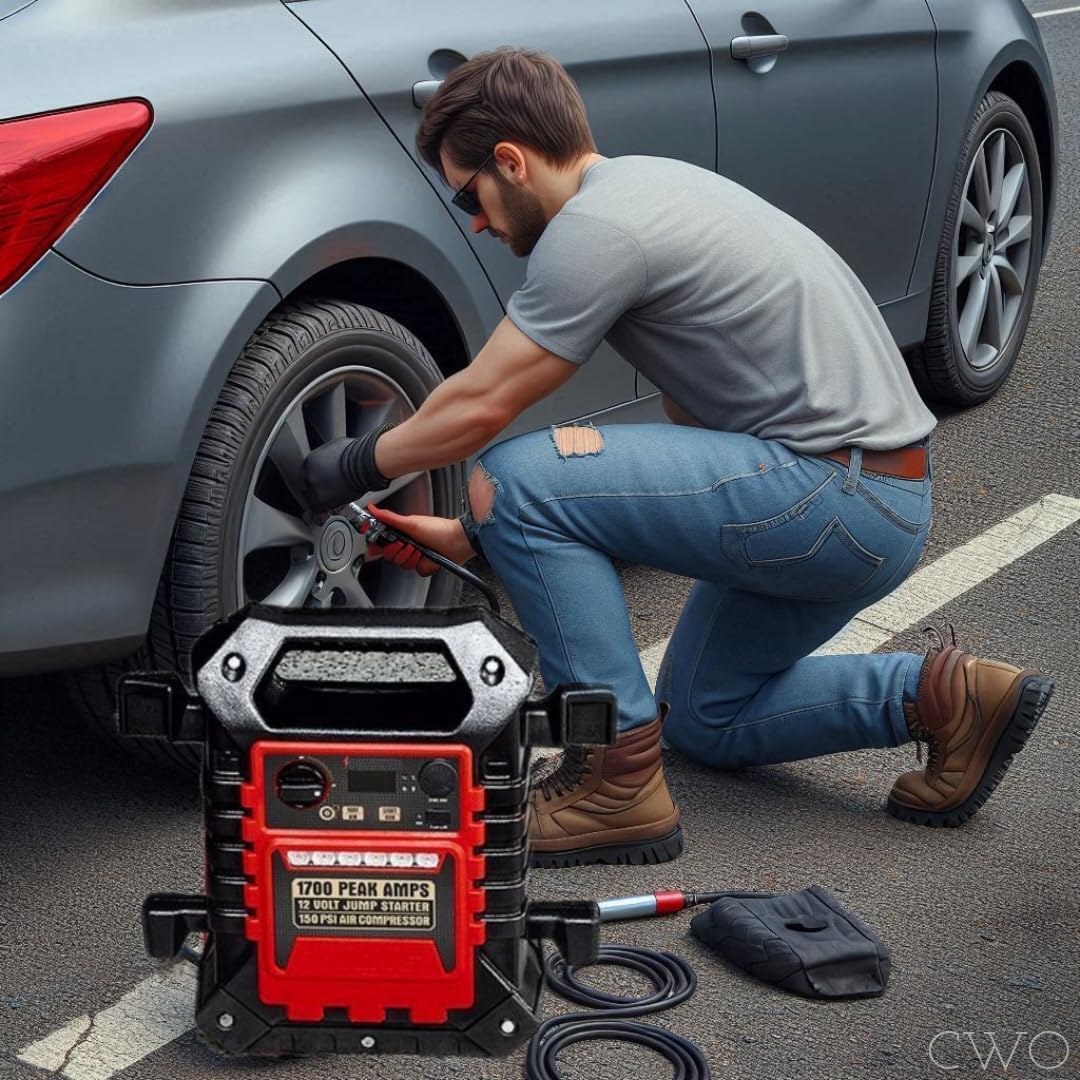 Fits Viking 1700 Peak Amp Portable Jump Starter & Power Pack with 150 PSI Air Compressor - High Cranking Amps, 2 AWG Cables