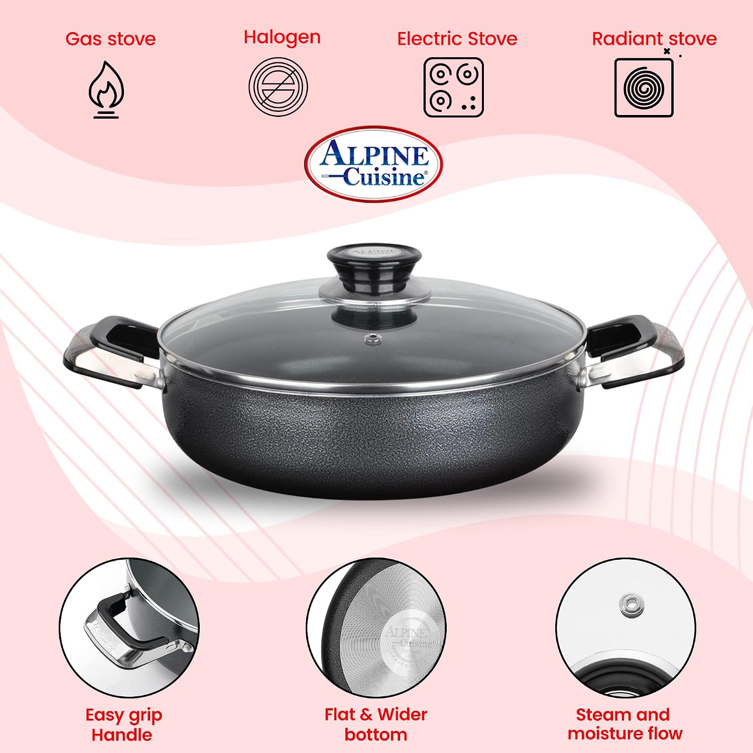 Alpine Cuisine 4 Quart Non-stick Stock Pot with Tempered Glass Lid and Carrying Handles, Multi-Purpose Cookware Aluminum Dutch Oven for Braising, Boiling, Stewing