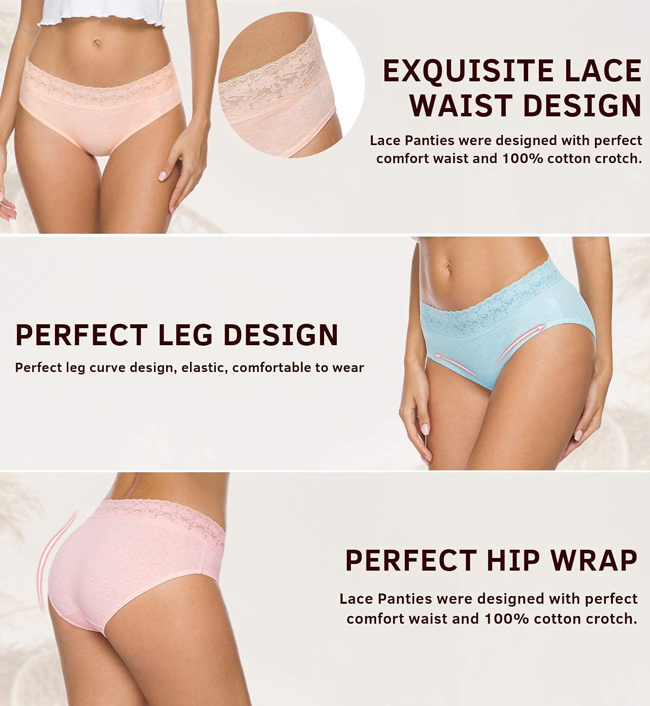 Wealurre Underwear Women Cotton Lace Waisted Bikini Panties 5-Pack