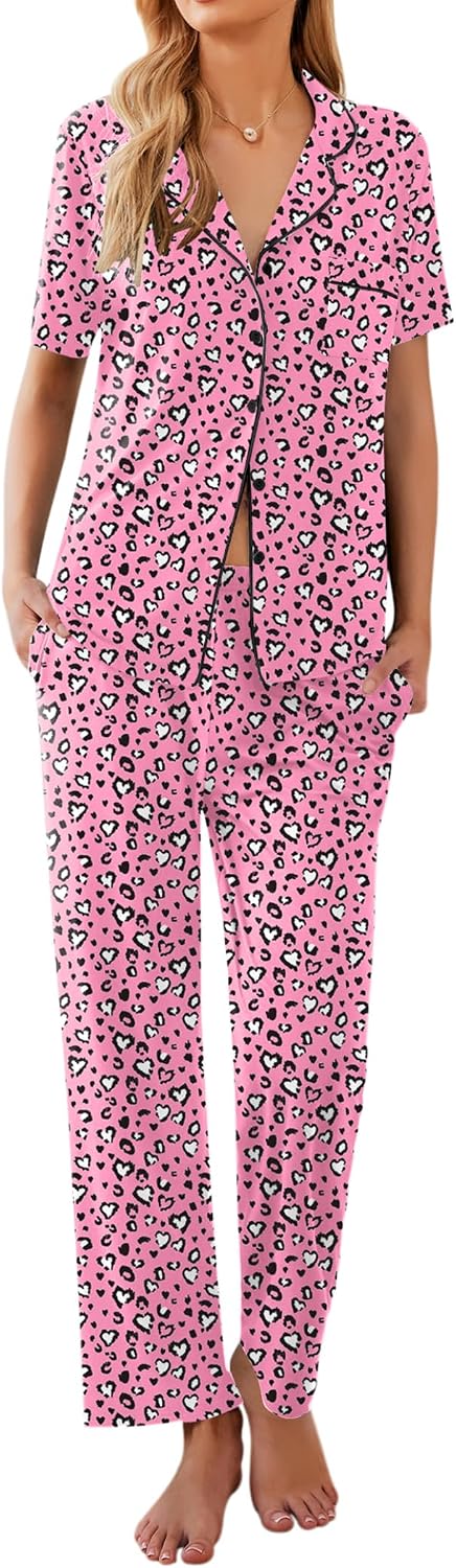 Ekouaer Womens Pajamas Set Short Sleeve Button Down Top & Pants Lounge Pjs