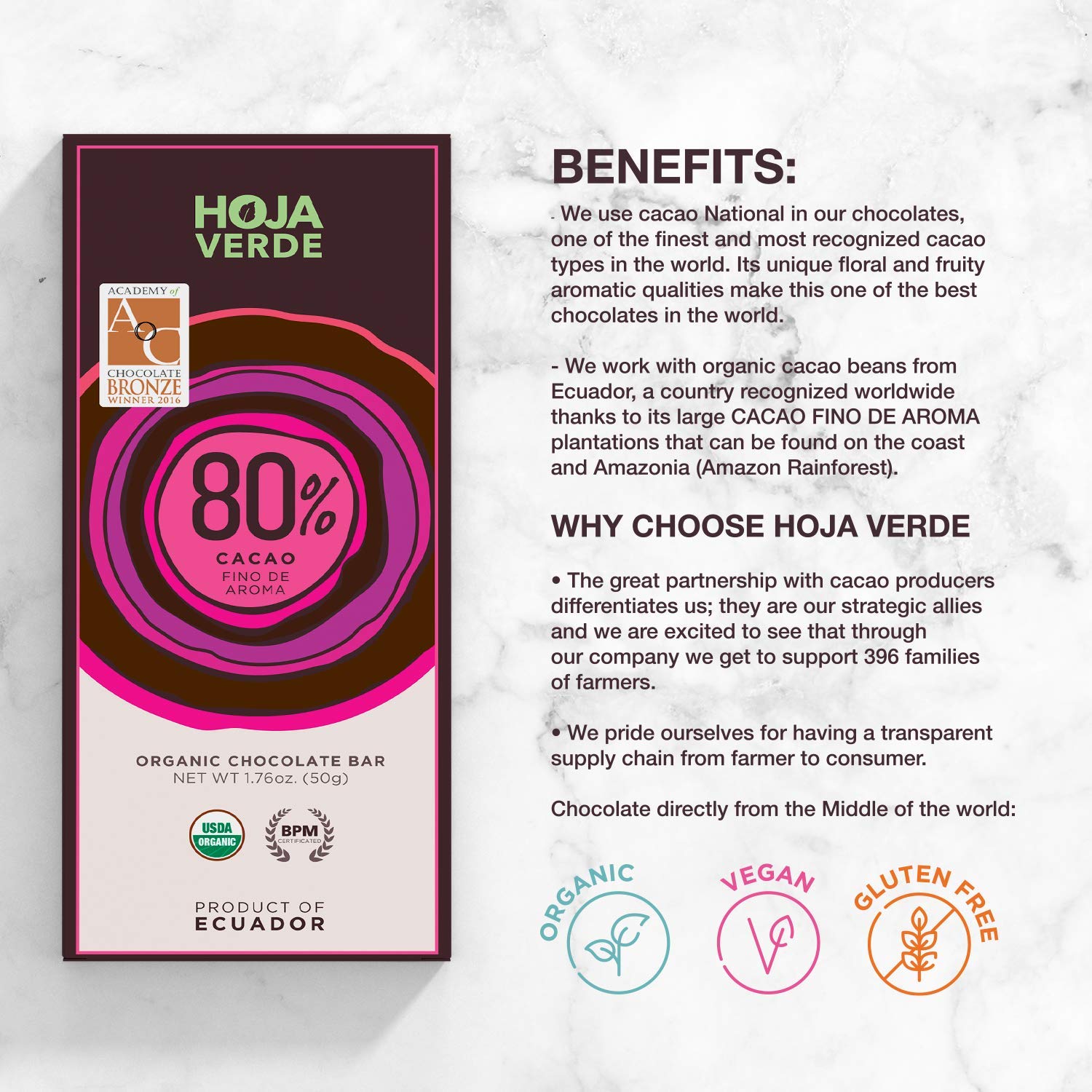 Hoja Verde Dark Chocolate Sugar, Dairy Free Bars, Keto Friendly, Certified Organic | Vegan, Natural, Non-GMO and Gluten Free (100% Pure)
