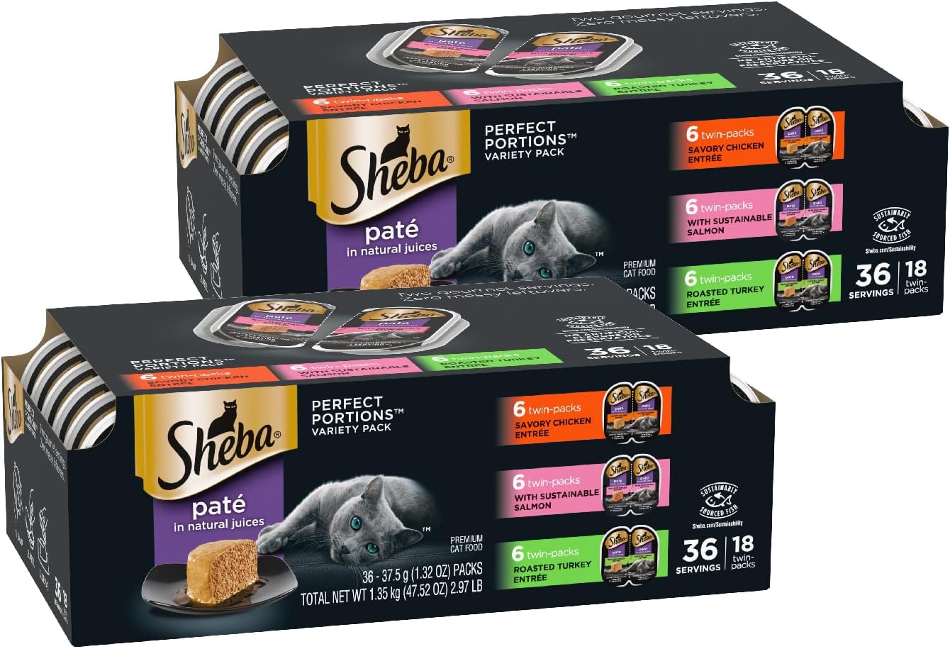 Sheba Perfect Portions Pate Wet Cat Food, Seafood Pack, 2.6 oz, 12 ct, 2pk | Grain-free, made in USA, Salmon & Whitefish-Tuna, 48 servings total, sustainable seafood, twin-pack trays