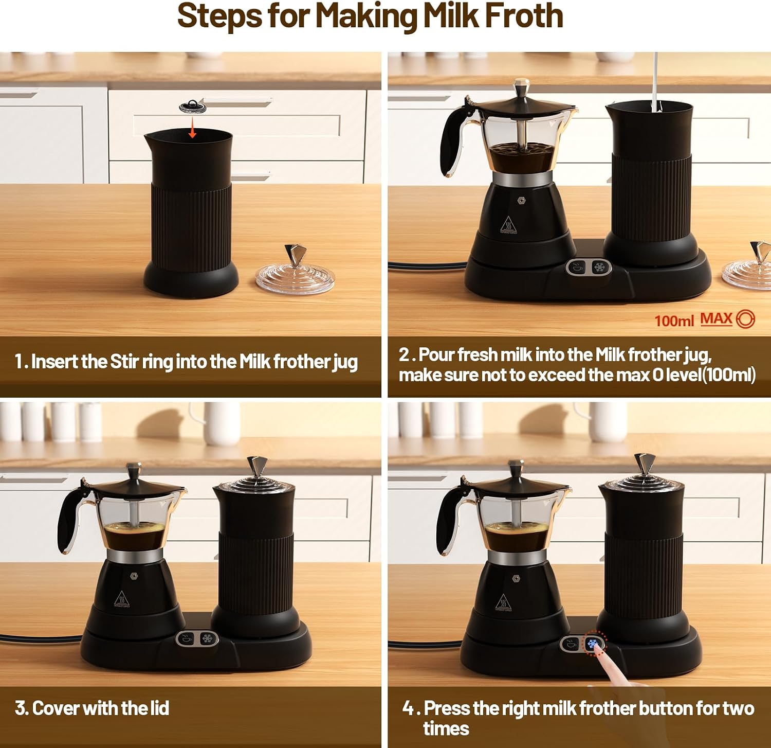 Electric Espresso Machine with Milk Frother 2 in 1 Efficient Moka Pot Coffee Maker with Milkfroth Aluminum One-Touch Operation for Effortless Cappuccinos Lattes Macchiatos White