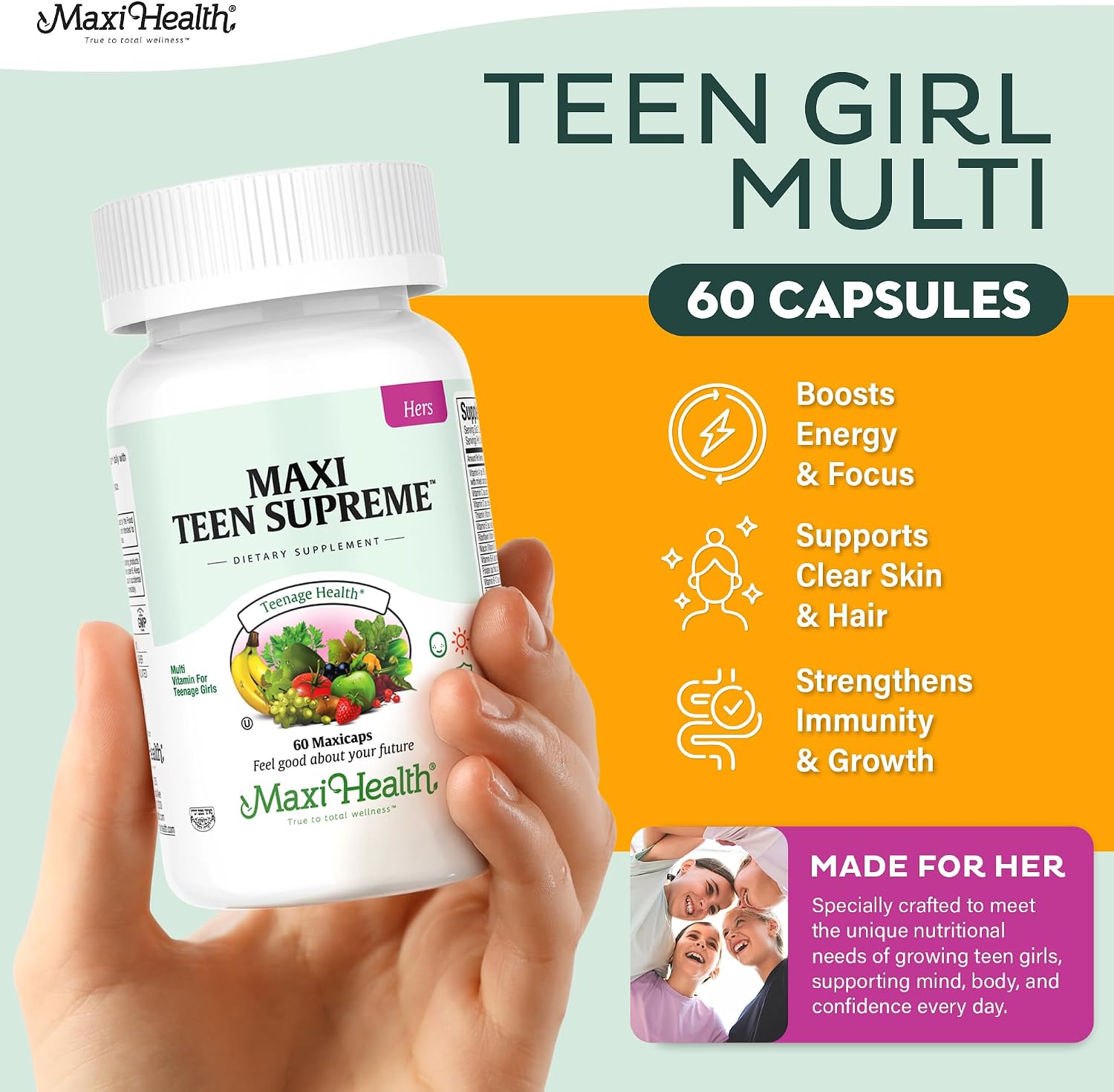 Teen Vitamins for Boys 12-17 - Teen Multivitamin Supreme with D3, Iron, Calcium, Biotin, Digestive Enzymes – Teenager Boy Multi Vitamins for Energy, Brain & Mood Support – 60 Count