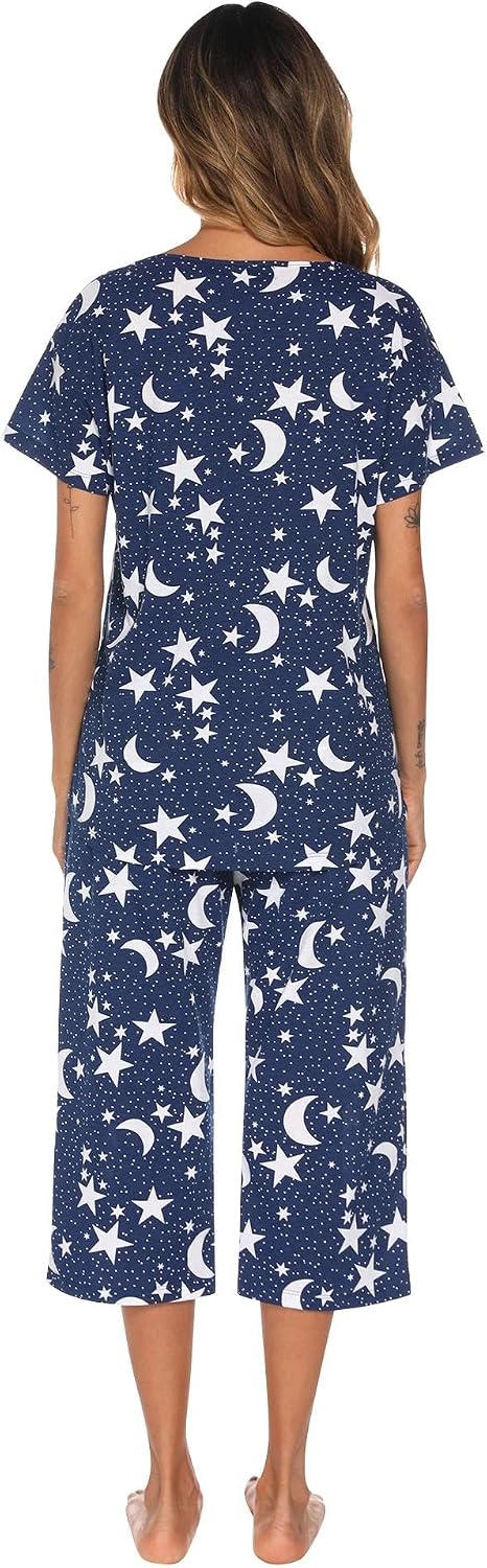 ENJOYNIGHT Womens Pajama Set Cotton Short Sleeve Top With Capri Pants Pj