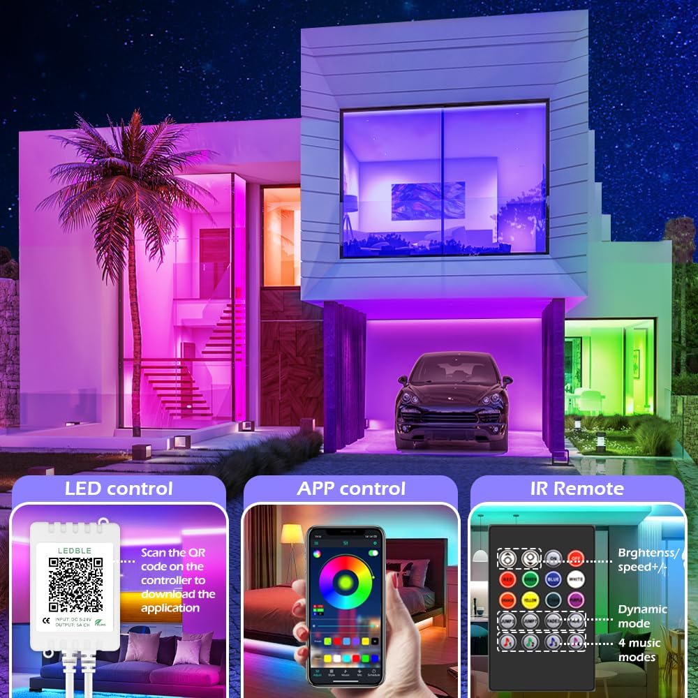 100ft Led Strip Lights, Long Smart Led Light Strips Music Sync 5050 RGB Color Changing Rope Lights