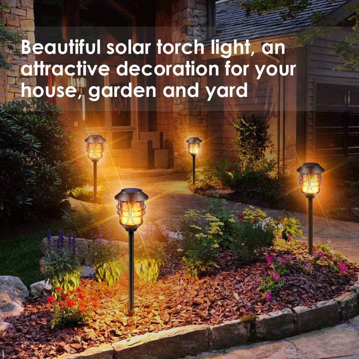 TomCare Solar Lights Outdoor Metal Flickering Flame Torch Lights, 4 Pack | Realistic Flame Effect, Heavy Duty, Charges in 6-8 Hours