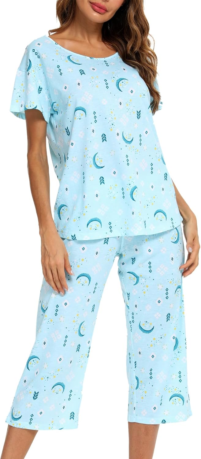 ENJOYNIGHT Womens Pajama Set Cotton Summer Pj Top with Capri Pant Sleepwear