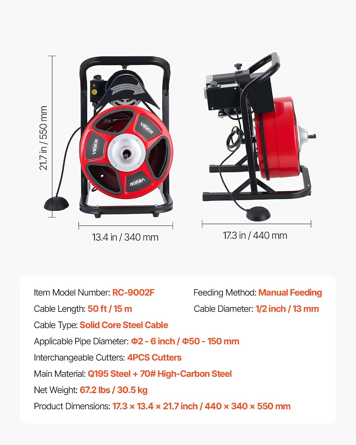VEVOR Drain Cleaner Machine 50 FT x 1/2 Inch, Manual Feed Sewer Snake Auger with 4 Cutters & Air-Activated Foot Switch for 2" to 6" Pipes