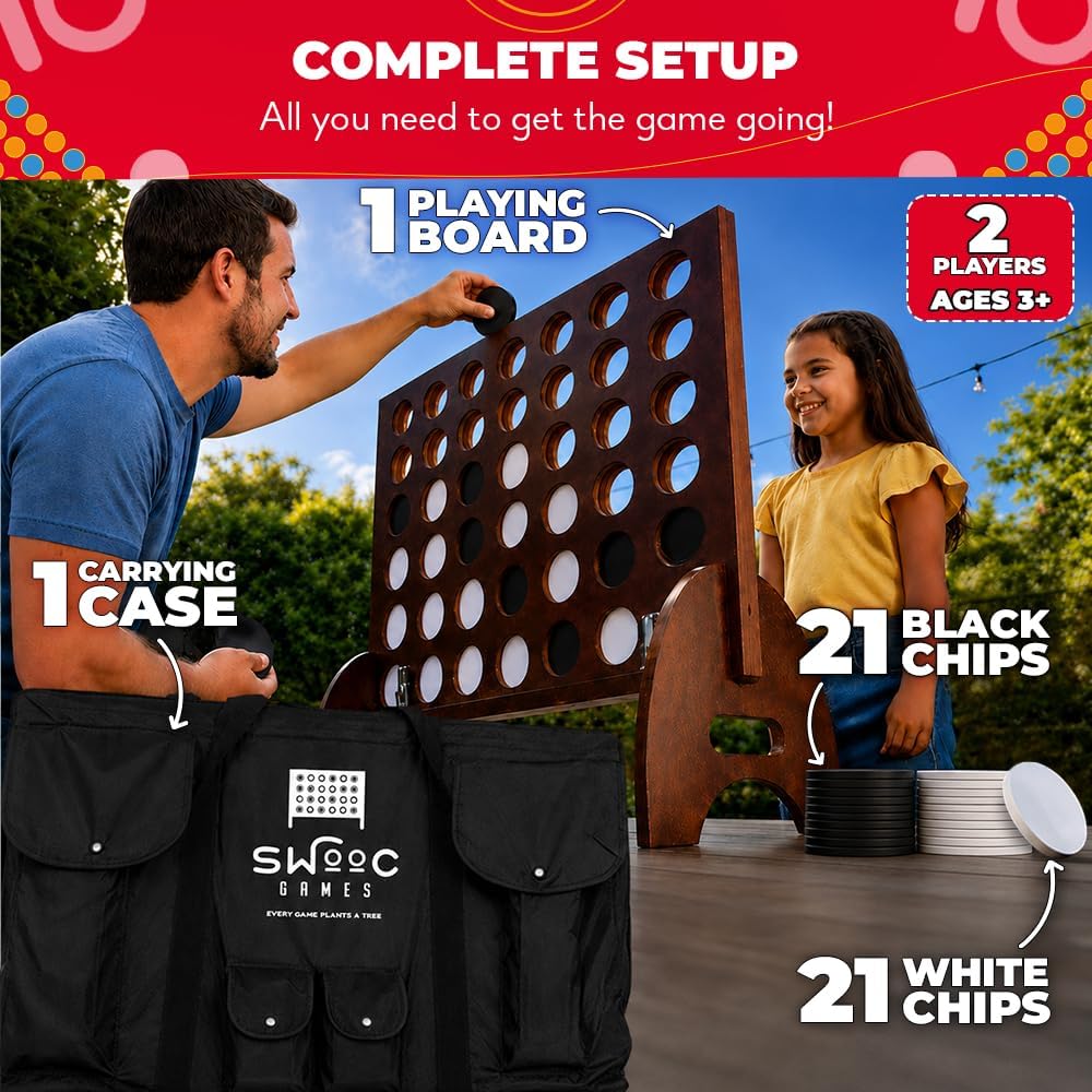 Swooc - Giant Four in a Row (All Weather) with Carrying Case & 60% Quieter Design - Giant Game Outdoor for Adults and Family - 4 in a Row Life Size
