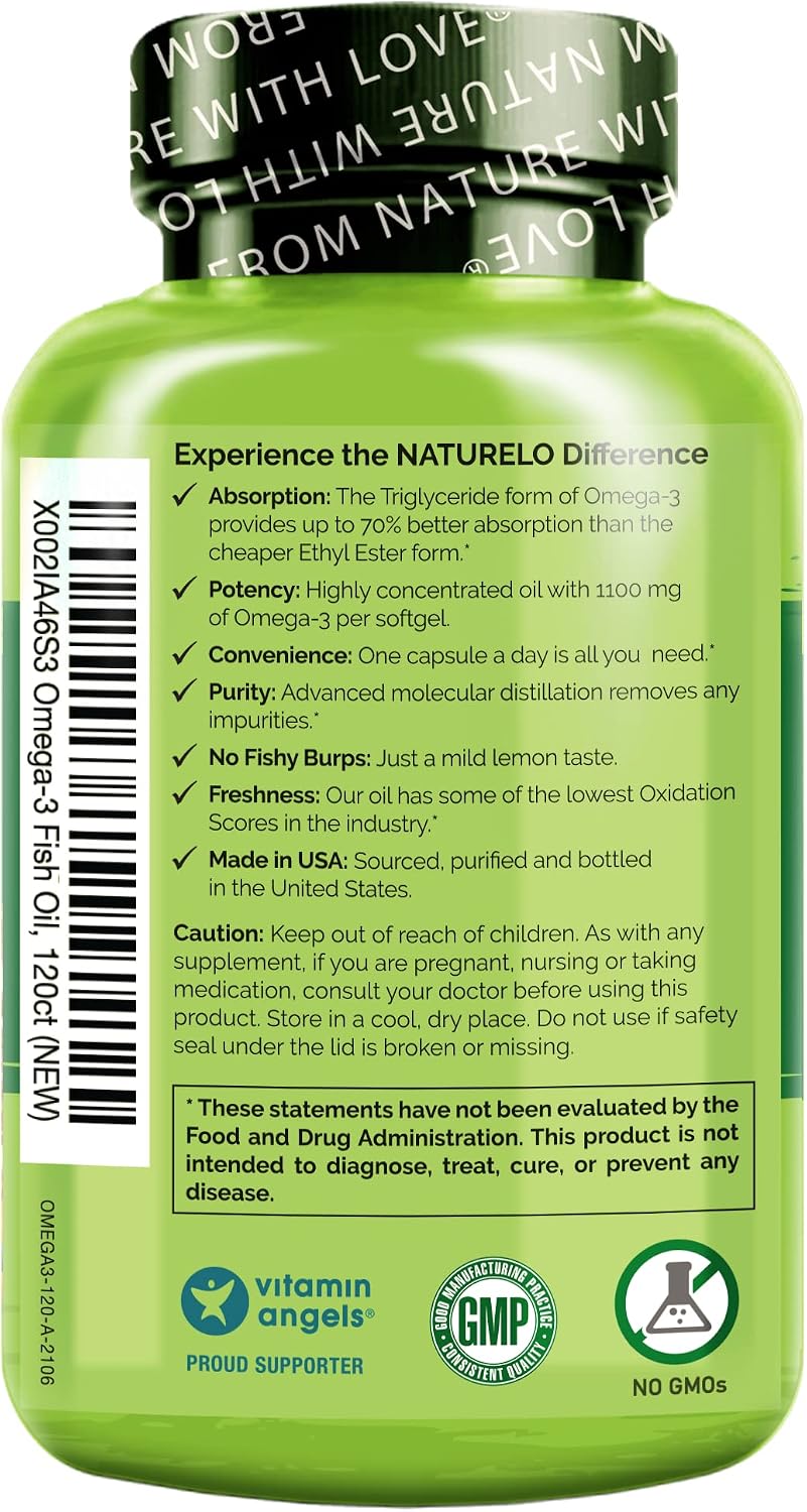 NATURELO Burpless Omega 3 Fish Oil Supplement, 1100mg, 60 Softgels | Triglyceride omega-3, omega 3 DHA EPA, liquid fish oil, 2 months supply