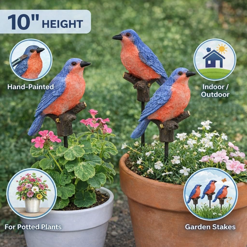 Bluebird Garden Stakes Set of 3 – Decorative Metal Yard & Plant Stakes – Bluebird Outdoor Décor for Flower Pots