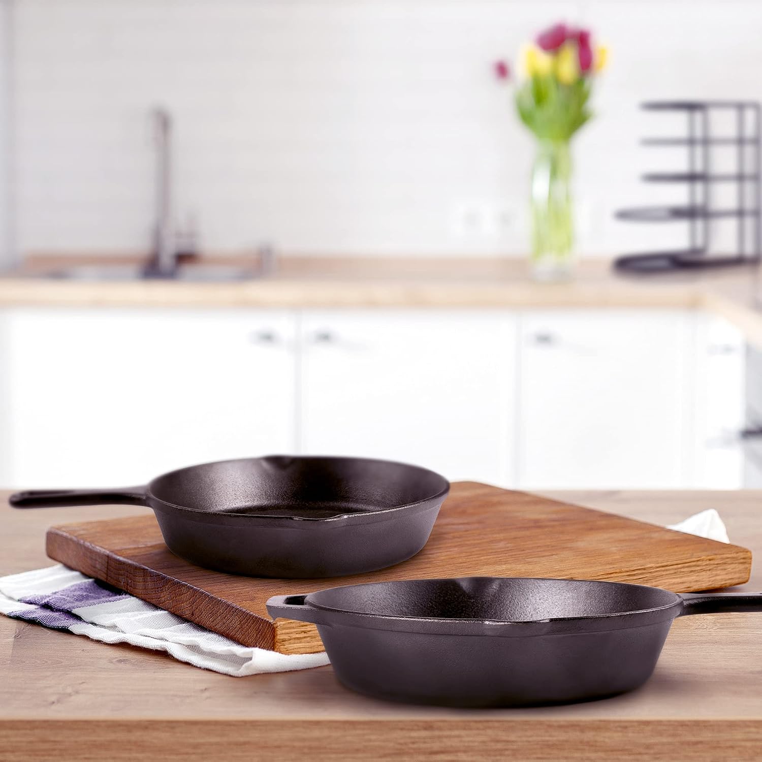 Cast Iron Skillet - 10"-Inch Frying Pan with Pour Spouts + Pan Scraper + Silicone Grip Handle Cover Holder - Pre-Seasoned Oven Cookware - Indoor/Outdoor Use - Stovetop, Induction. PFAS and PFOA-free