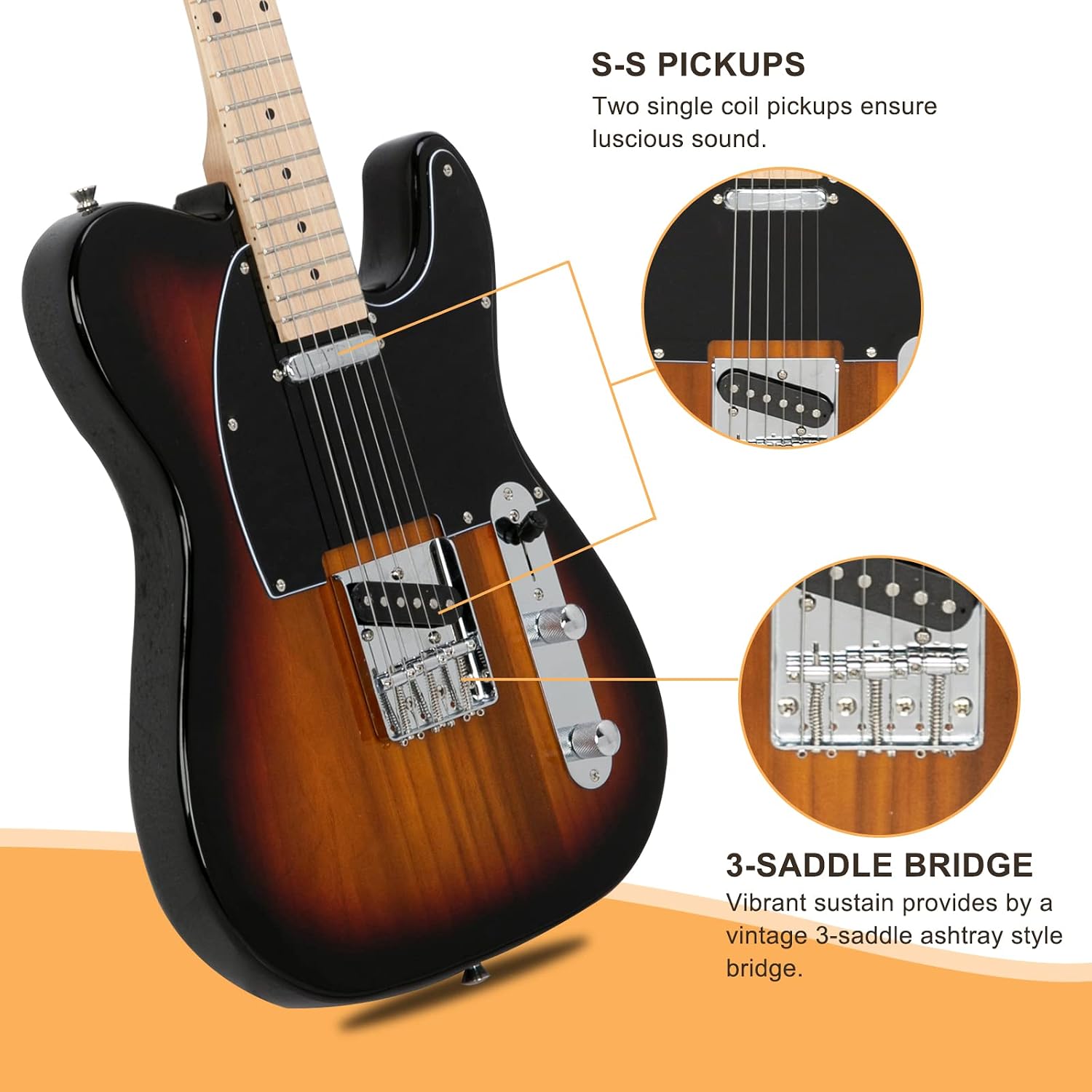 GLARRY 39" GTL Electric Guitar for Music Lover, SS Pickups Maple Fingerboard with Accessories Pack Guitar Bag (Sunset)