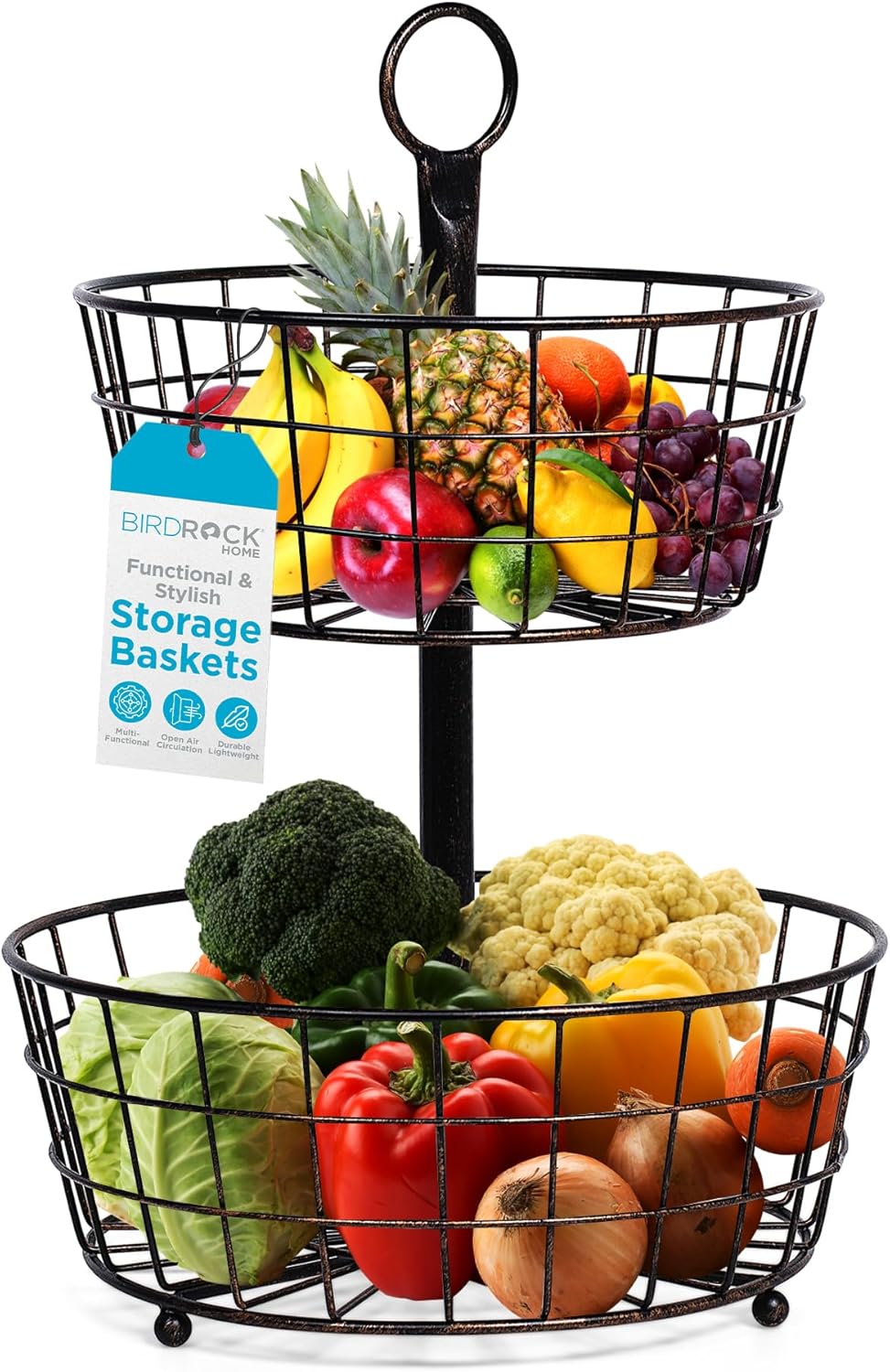 BIRDROCK HOME 3 Tier Wire Fruit Basket | Round Metal Standing Baskets | Fruit Vegetable Garlic Caddy | Freestanding Rustic Decorative Basket