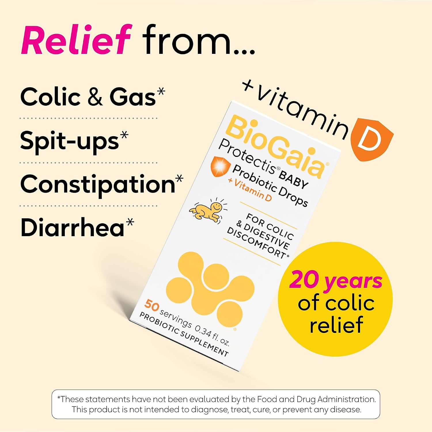 BioGaia Baby Probiotic Drops - Colic & Gas Relief + Vitamin D, 50-Day Supply, Safe for Newborns, Reduces Crying, Fussing, Colic, Gas