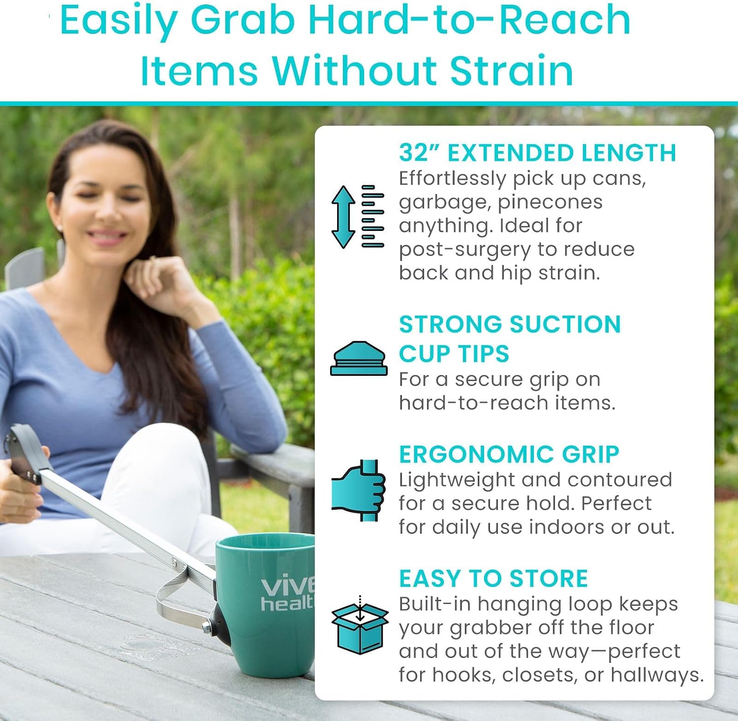 Vive Suction Cup Grabber Reacher 32" - Elderly Grab It Reaching Pickup Tool | Heavy Duty for Seniors - Trash, Sticks, Litter Picker Upper - Extra Long Reach Handle & Handy Extension Arm Claw