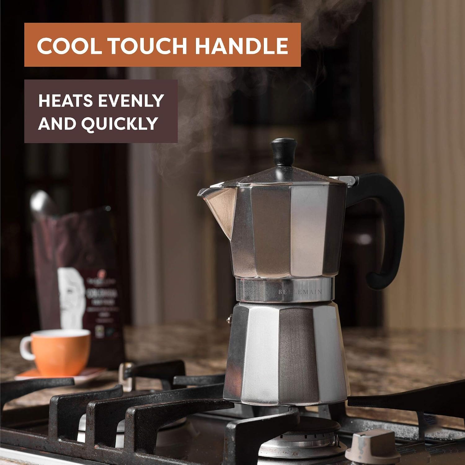 Bellemain Stovetop Espresso Maker, Italian Moka Pot, 6-Cup Silver | Classic aluminum design brews rich espresso at home or camping, with an easy-to-use and easy-to-clean design.