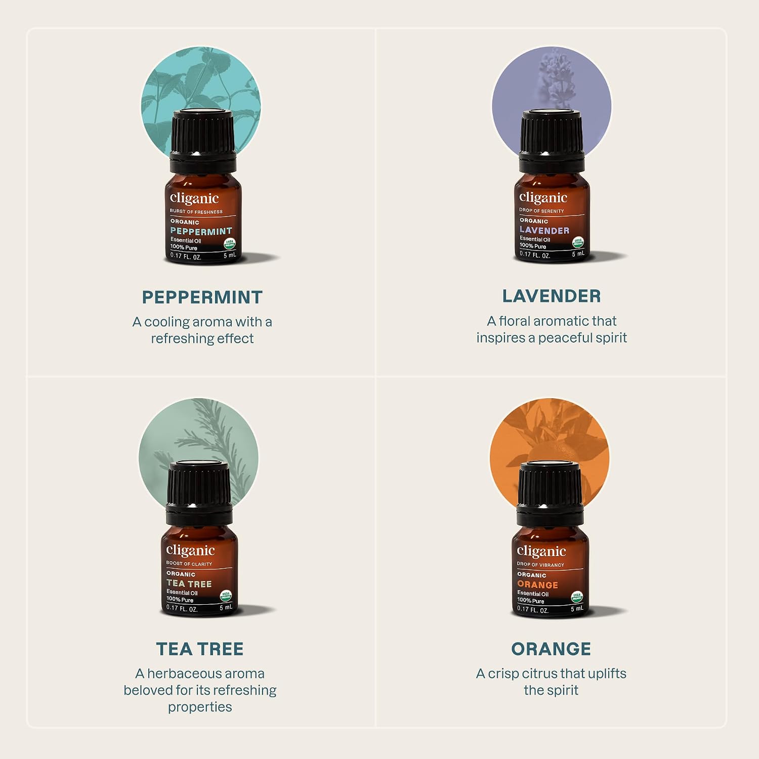 Cliganic Organic Essential Oils Set (Top 5 - The Classics) - 100% Pure Natural - Aromatherapy, Candle Making - Peppermint, Lavender, Eucalyptus