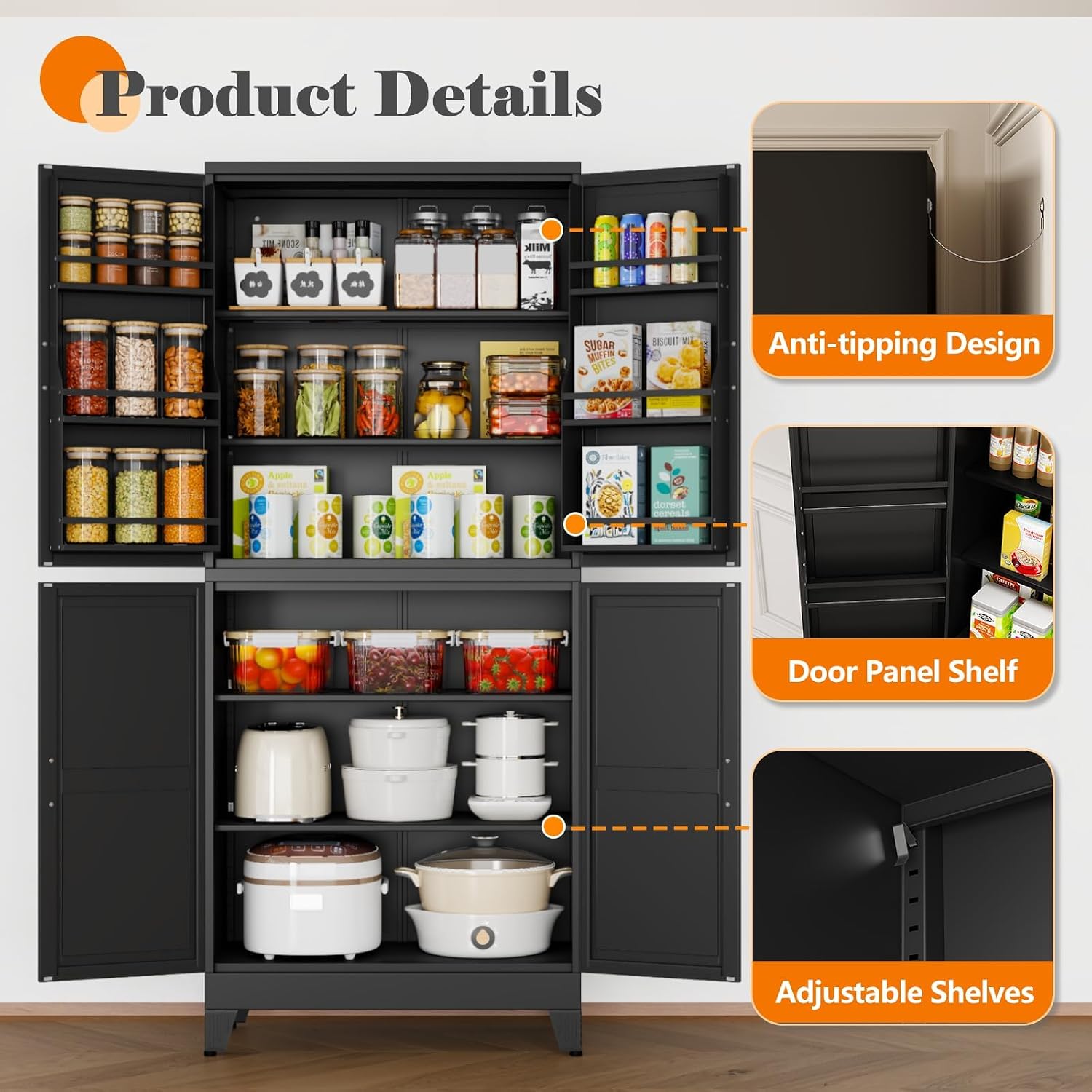 GAIOUS 75.2" Tall Metal Kitchen Pantry Storage Cabinets with 2 Door and 5 Adjustable Shelves, Cupboard for Kitchen, Dining Room, Living Room and Bathroom, White