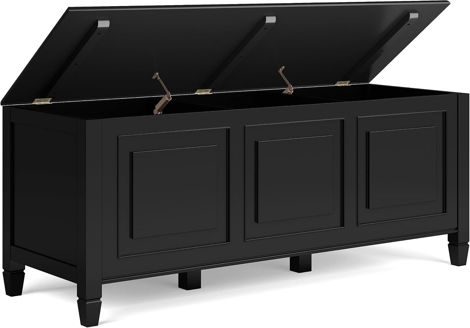 SIMPLIHOME Harvey 47" Wide Solid Mango Wood Bench in Natural | Traditional entryway bench in dark chestnut brown with a lift-up lid and 3 hidden compartments; shoe or hallway bench.