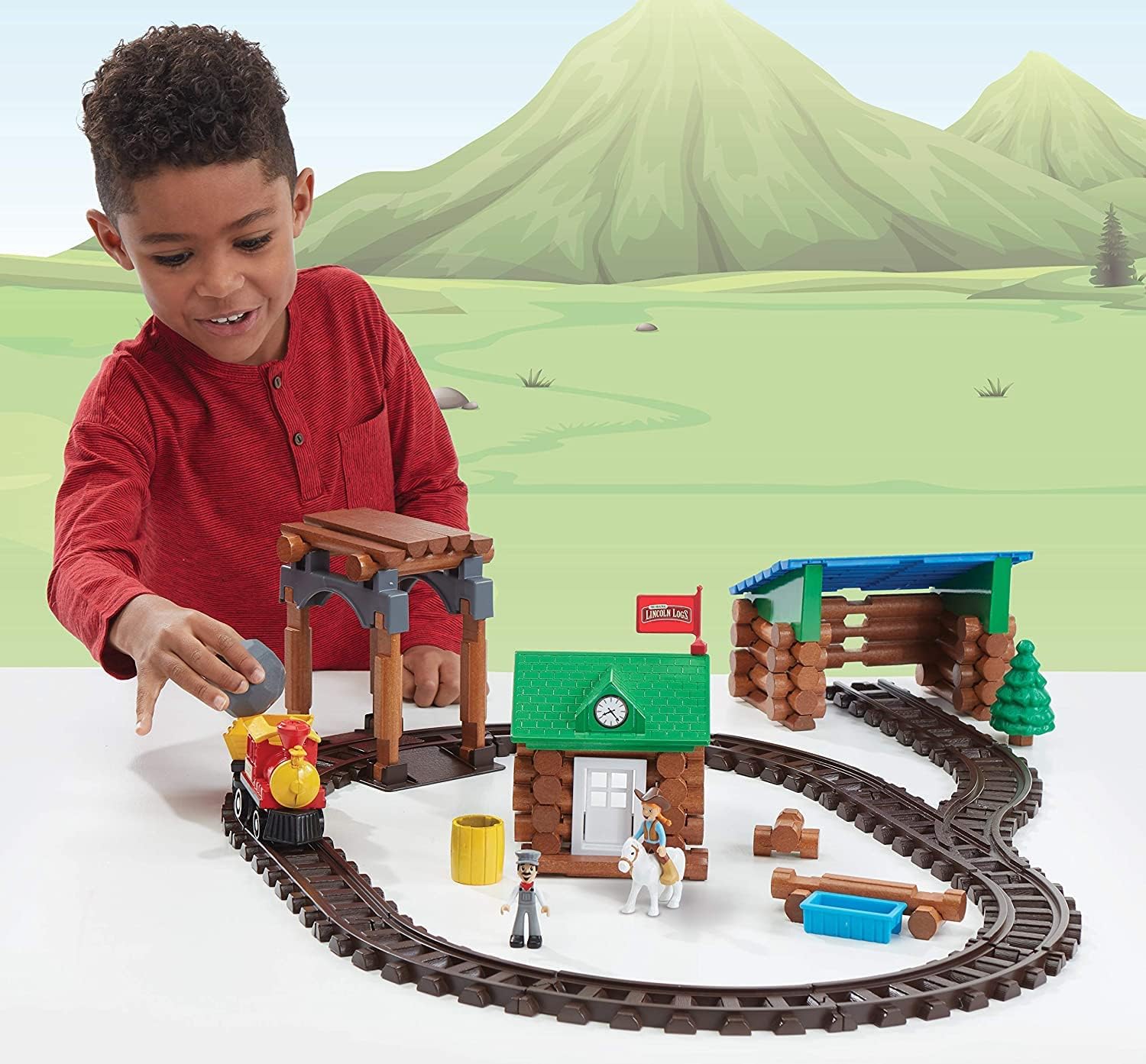 LINCOLN LOGS-Sawmill Express Train - 101 Parts - Real Wood Logs - Buildable Train Track-Ages 3+ - Best Retro Building Gift Set for