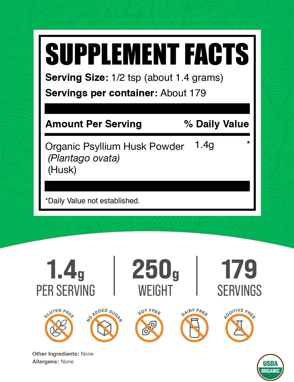 BulkSupplements.com Organic Psyllium Husk Powder - Psyllium Husk Powder for Baking, Fiber Supplement - Gluten Free, 1.4g per Serving, 1kg (2.2 lbs) (Pack of 1)