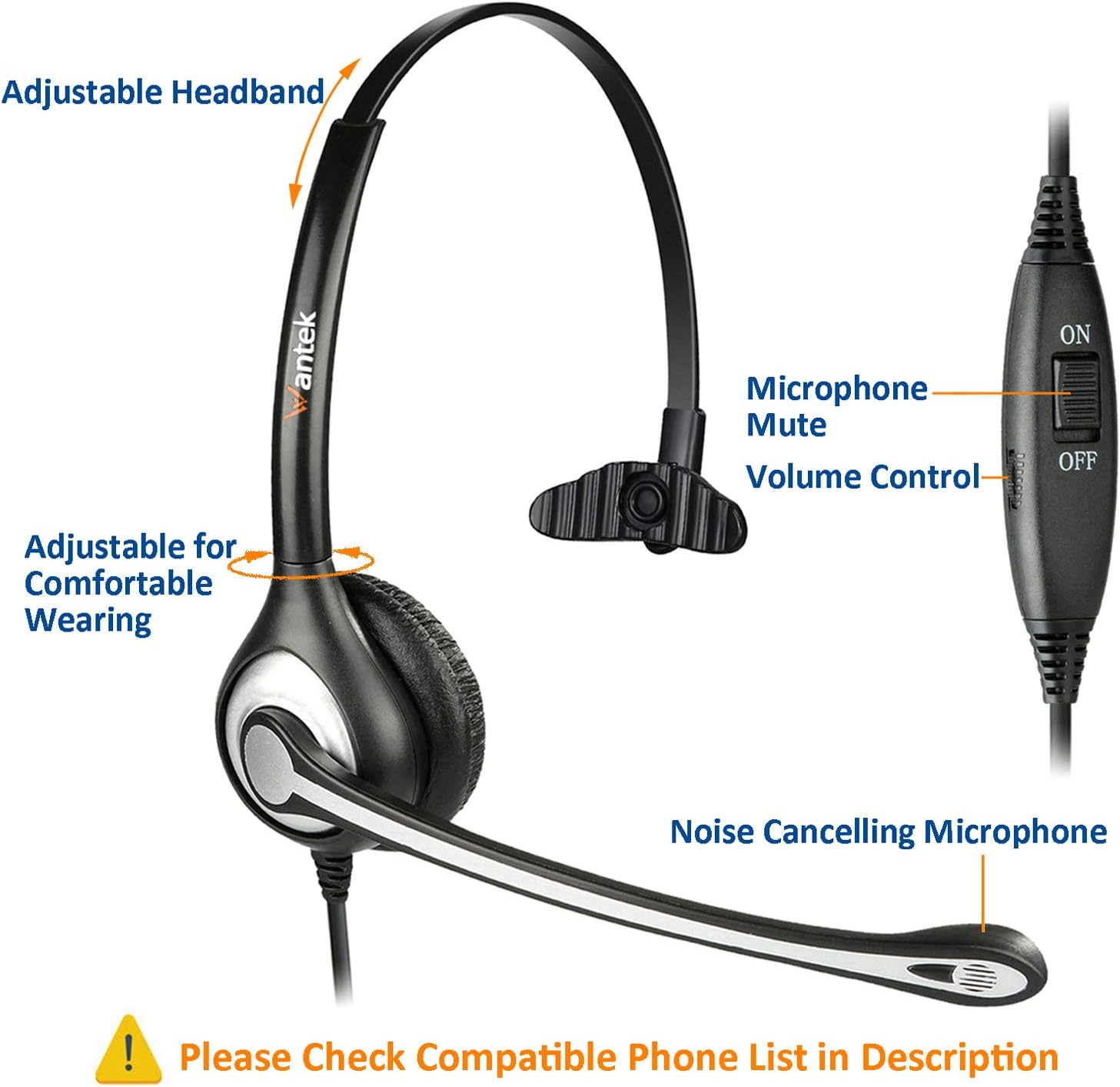 Wantek 2.5mm Telephone Headset with Mic Noise Cancelling, Office Phone Headset Compatible with AT&T ML17929 Panasonic Vtech RCA Uniden Cisco SPA Grandstream Polycom Cordless Dect Phones(A600F)