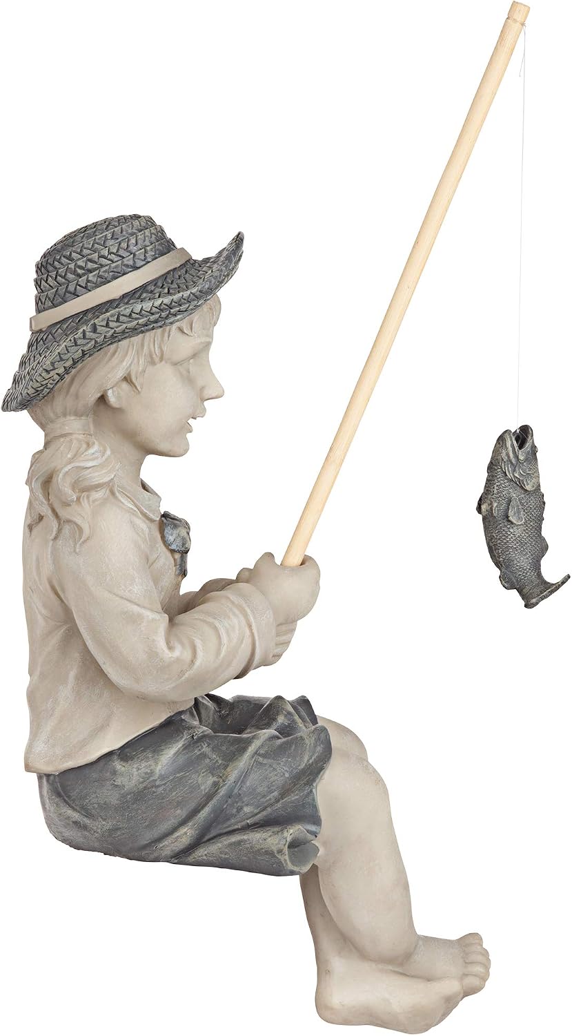 Design Toscano Frederic the Little Fisherman of Avignon Boy Fishing Garden Statue, 15 Inch Tall, Cast Stone Resin, Two Tone Stone Finish
