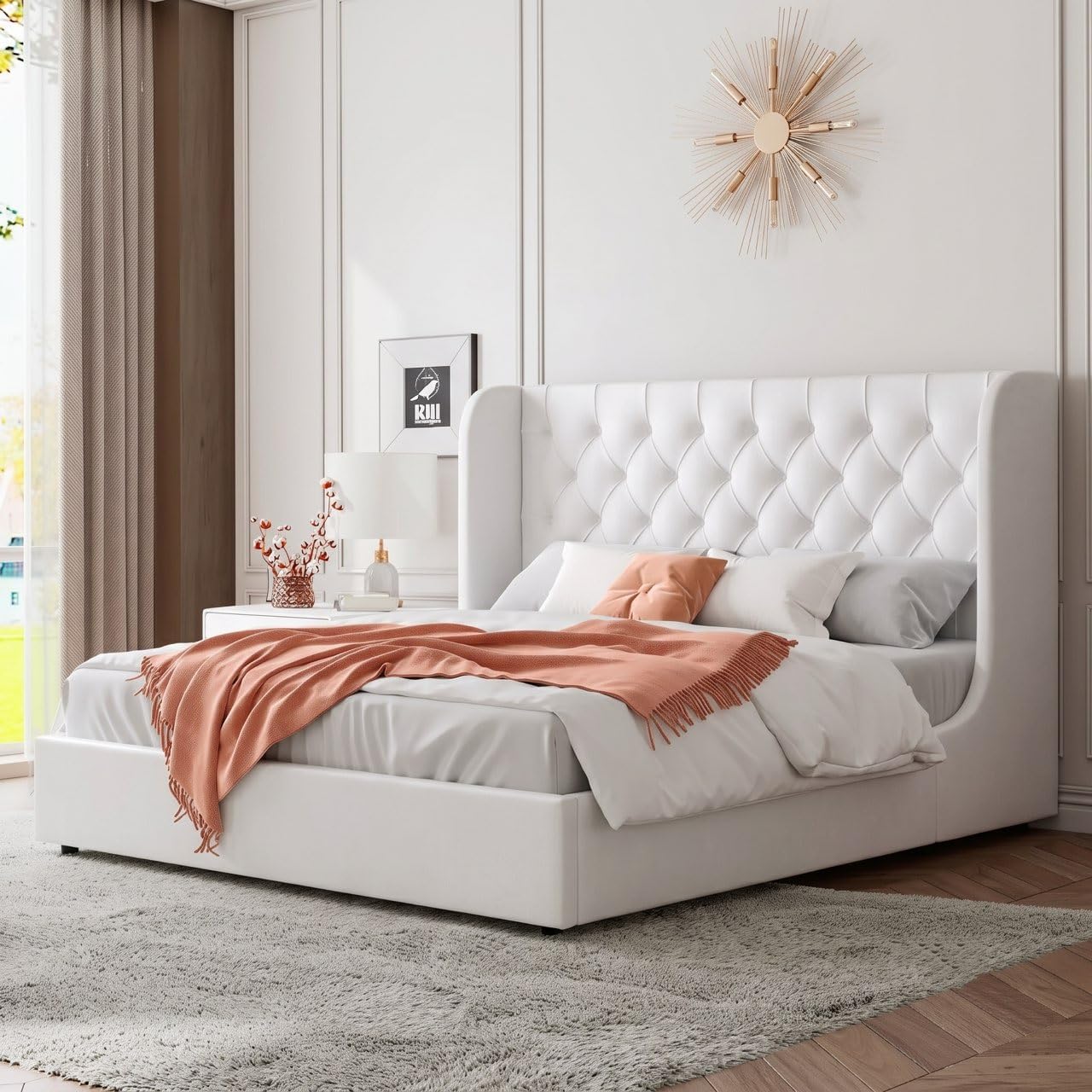 HOMBCK Full Size Bed Frame with Headboard, Upholstered Platform Bed, White | Velvet Tufted Curved Wingback/Wooden Slats Support/No Box Spring Needed/Noise-Free/Easy Assembly