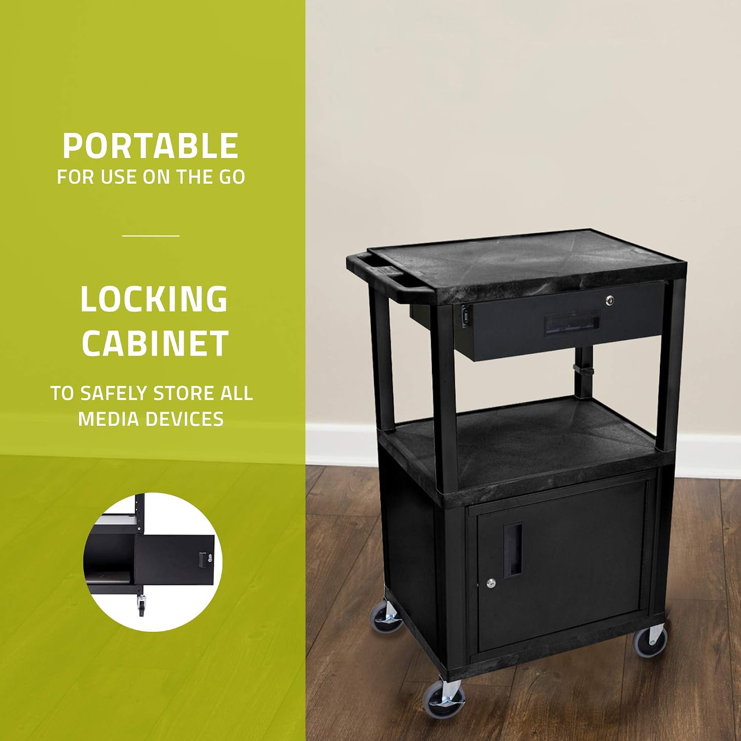 Luxor WT42C2E-B/WTD 42" H AV Cart - 3 Shelves Cab Drawer - Black, 4" Ball Bearing Casters with Two Locking Brake
