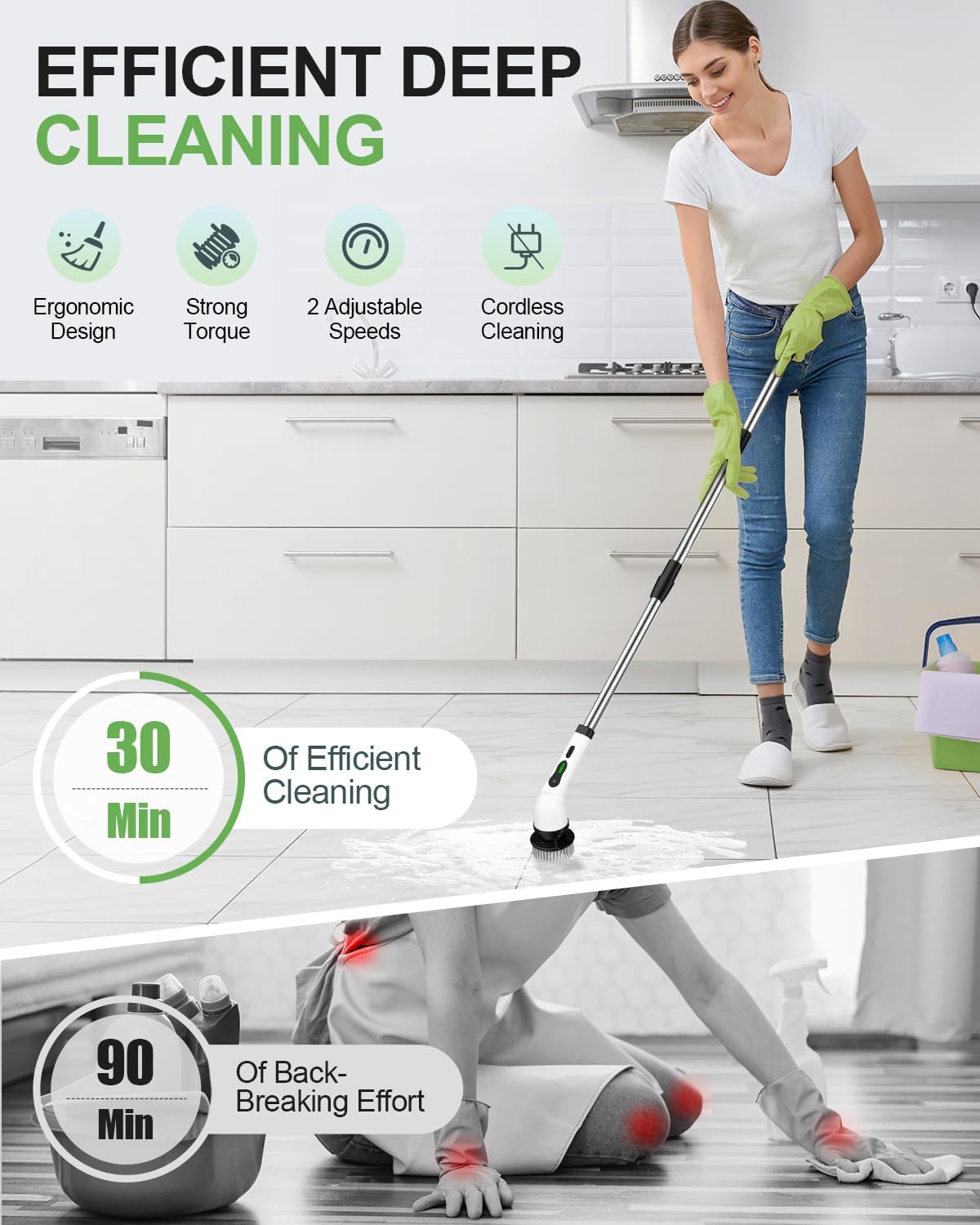 6-in-1 Cordless Electric Spin Scrubber with Long Handle | Power scrubber, bathroom scrubber, 47.2 in long handle, 2 speed scrub brush, IPX7 rated body, kitchen, tile, tub, floor