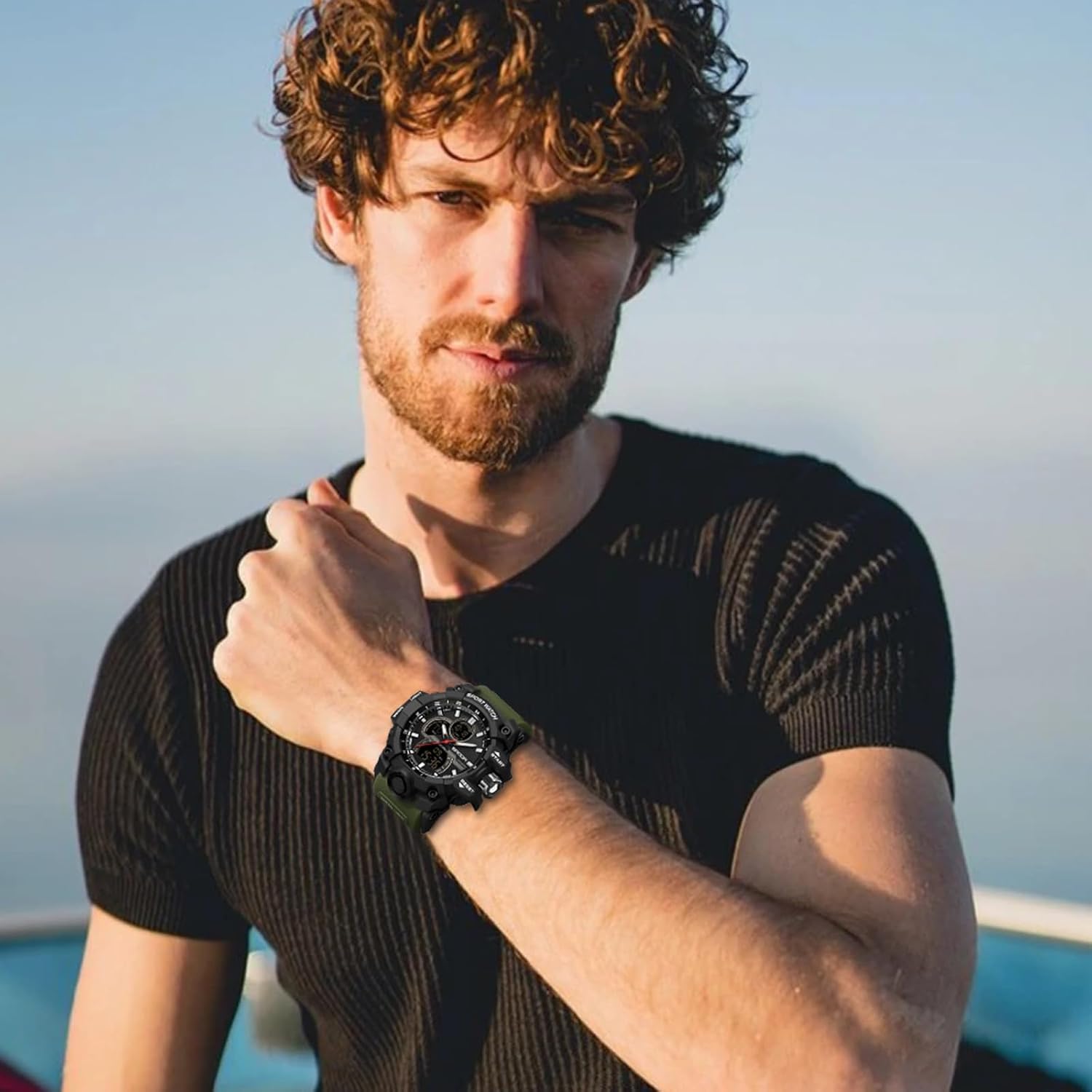FANMIS Men Sports Outdoor Watch Analog Digital Multifunctional Black Watch | Black Sports Watch Casual Quartz Wristwatch Waterproof Military Wrist Watch Tactics LED Alarm Stopwatch Digital Watch for Men