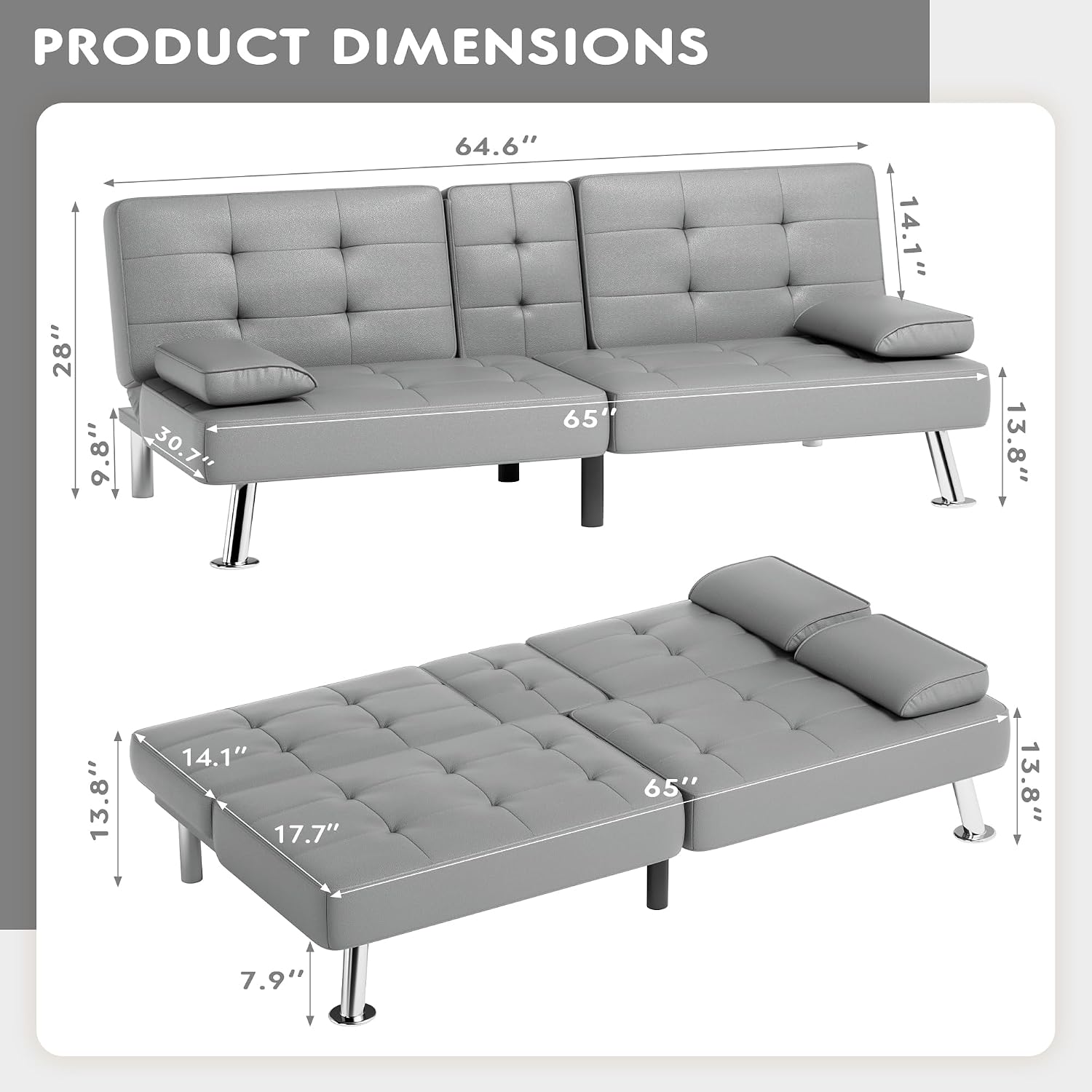 JUMMICO Faux Leather Futon Sofa Bed, Sleeper Sofa with Adjustable Backrest